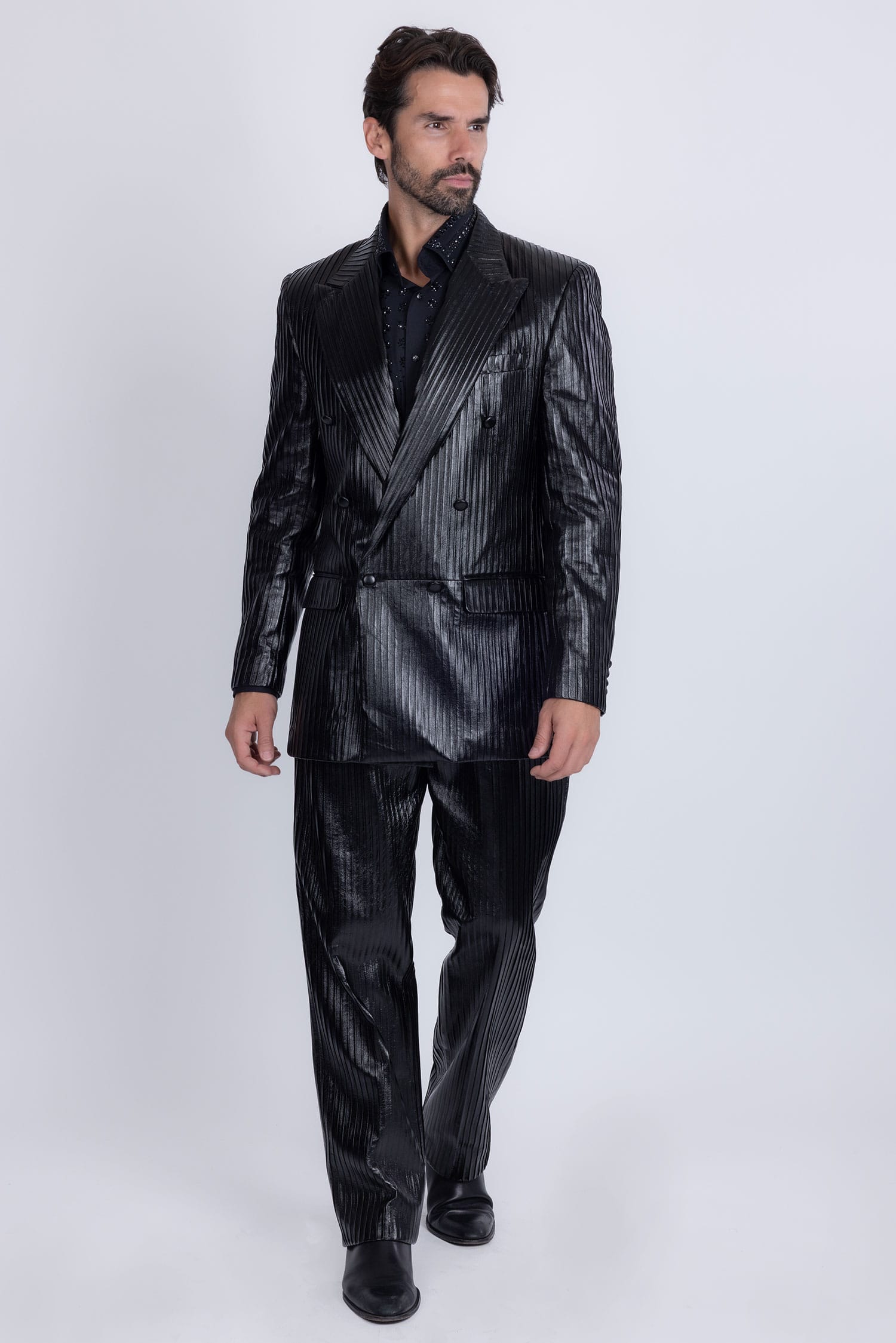 Barabas Men's Faux Leather Striped Pattern Peak Lapel Suit 5SU55 Black