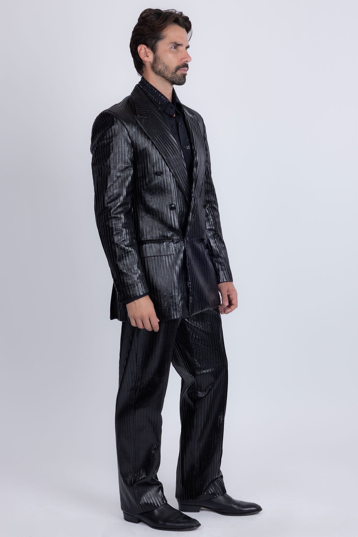 Barabas Men's Faux Leather Striped Pattern Peak Lapel Suit 5SU55 Black