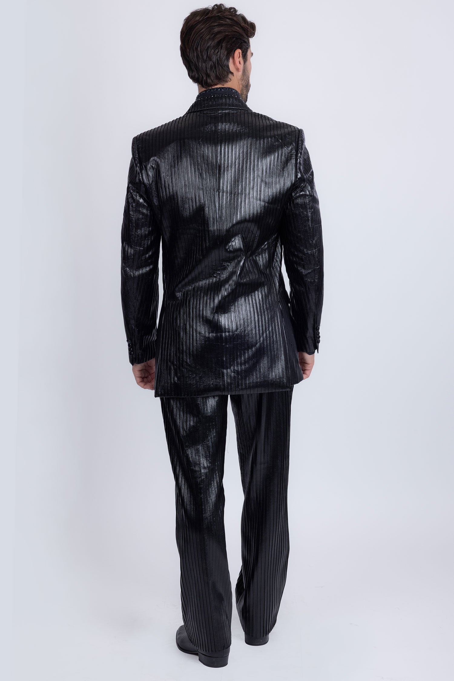 Barabas Men's Faux Leather Striped Pattern Peak Lapel Suit 5SU55 Black