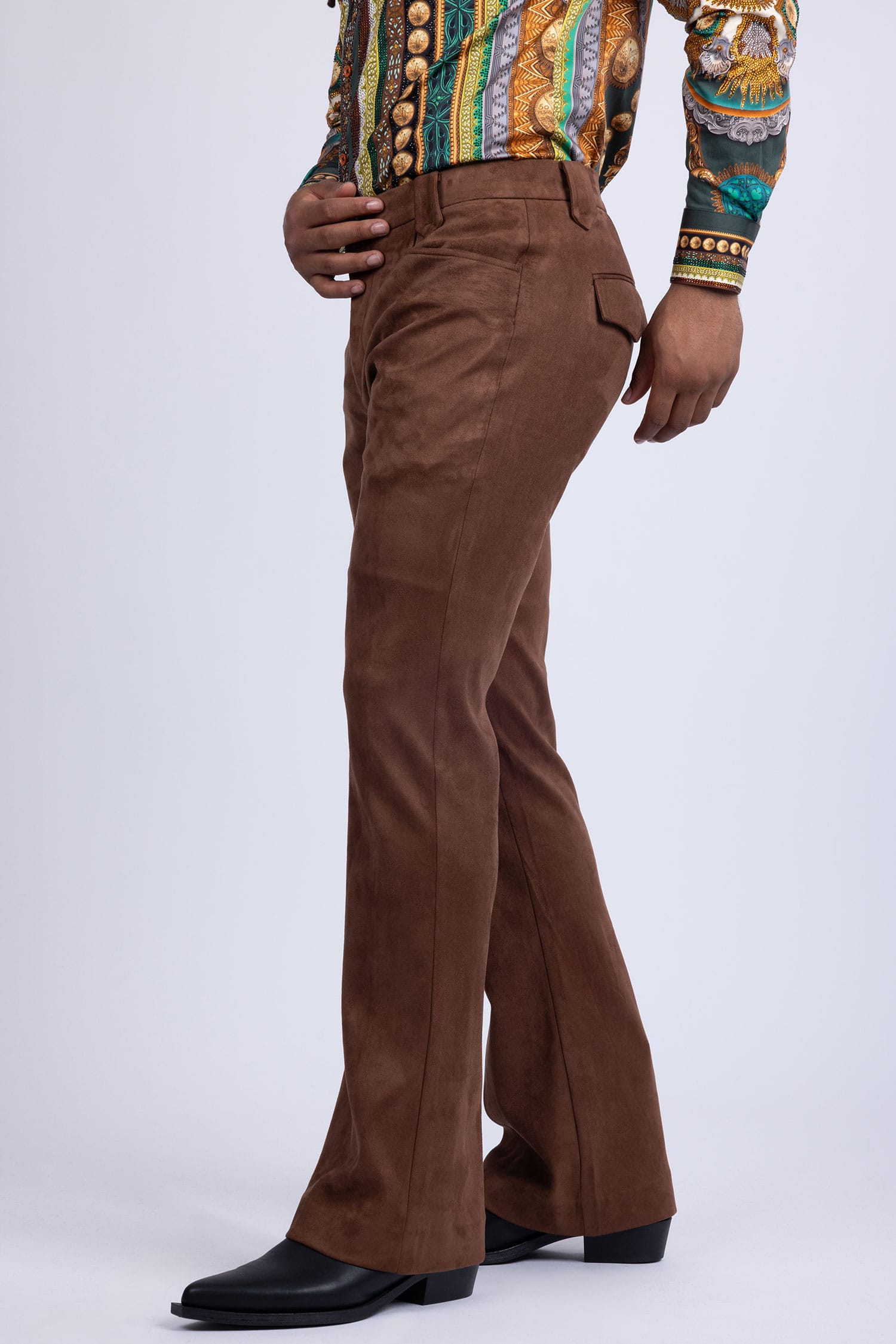 Barabas Men's Velvet Stretch Flare Casual Bell Bottom Pants 5WP01 Coffee