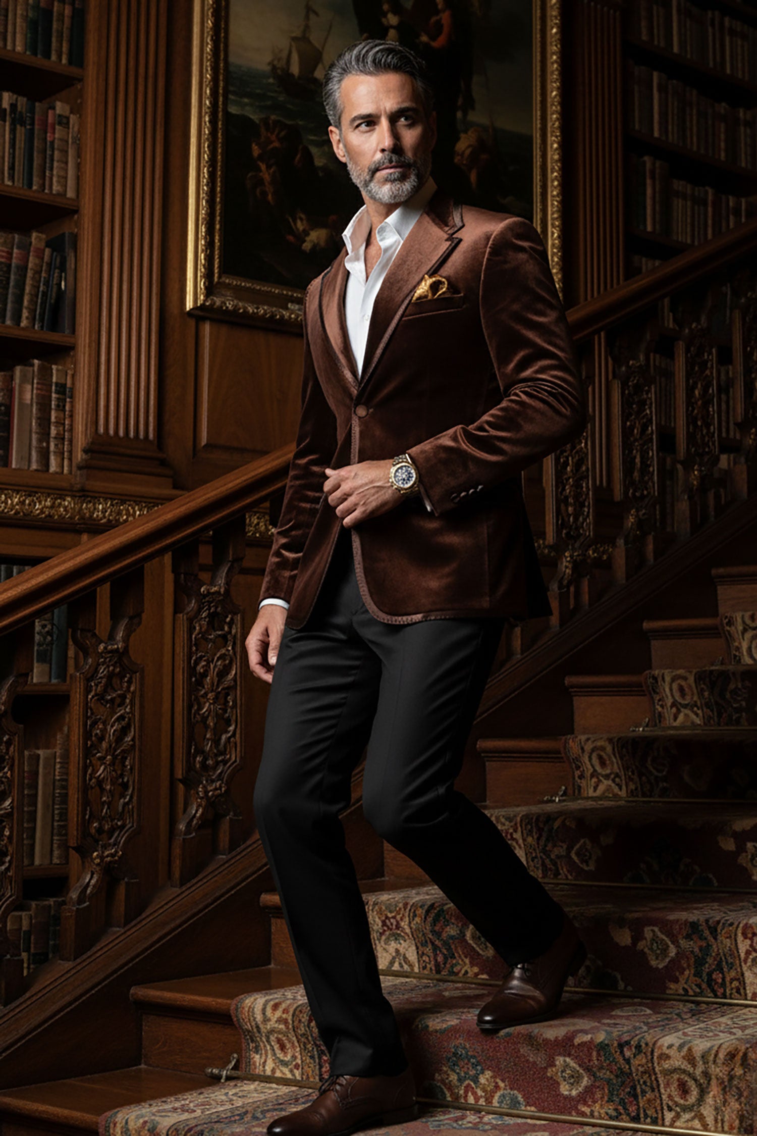 Barabas Men's Velvet Shiny Design Notch Lapel Blazer 5BL18 Coffee