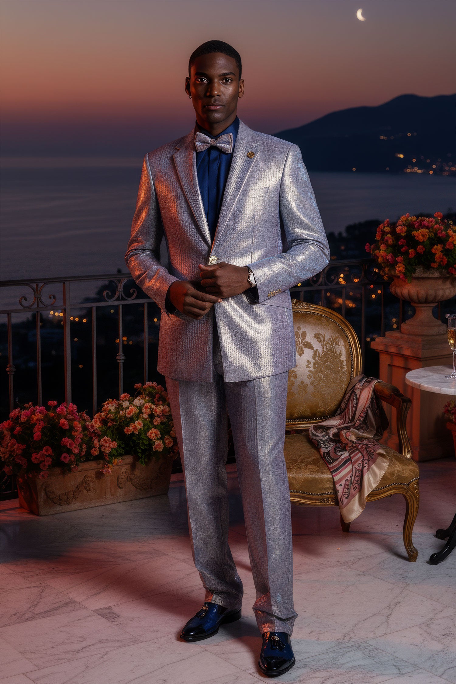 Barabas Men's Shiny Geometric Slim Fit Pattern Notch Lapel Suit 5SU42 Lilac