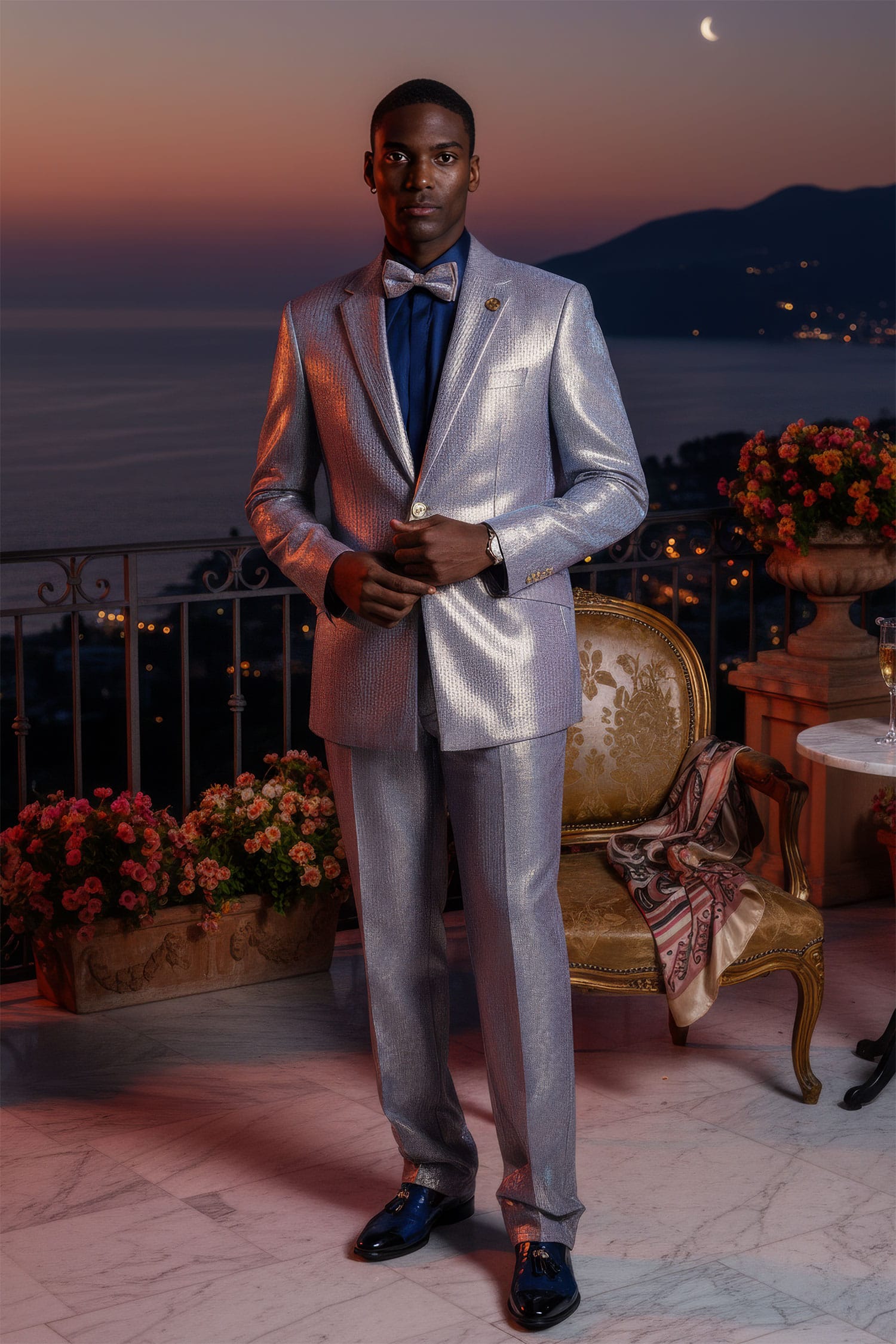 Barabas Men's Shiny Geometric Slim Fit Pattern Notch Lapel Suit 5SU42 Lilac
