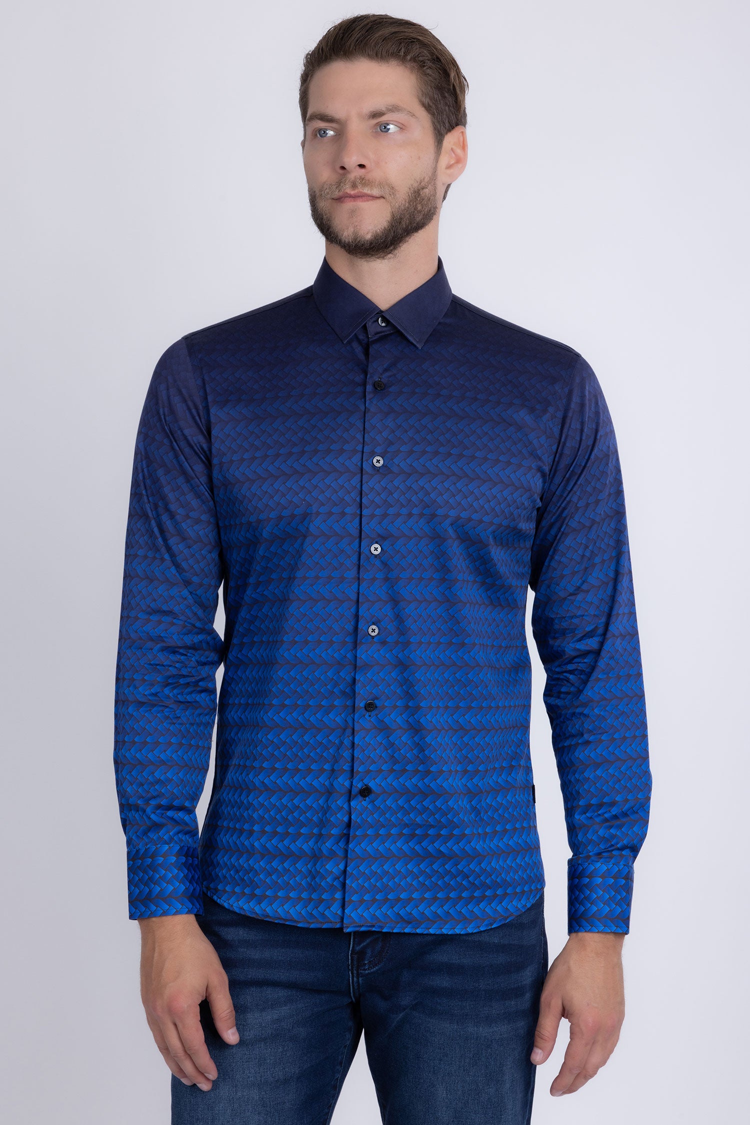 Barabas Men's Geometric Rope Strand Stretch Long Sleeve Shirts 6B01 Blue