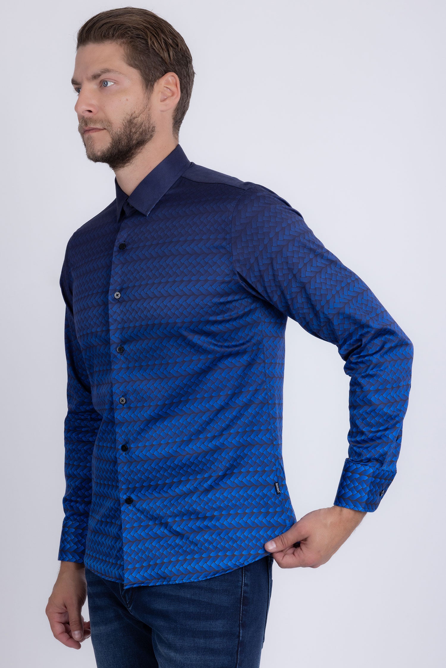 Barabas Men's Geometric Rope Strand Stretch Long Sleeve Shirts 6B01 Blue