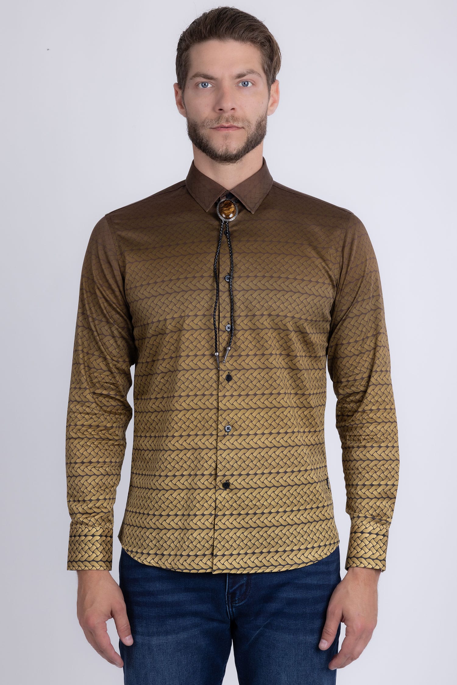 Barabas Men's Geometric Rope Strand Stretch Long Sleeve Shirts 6B01 Gold