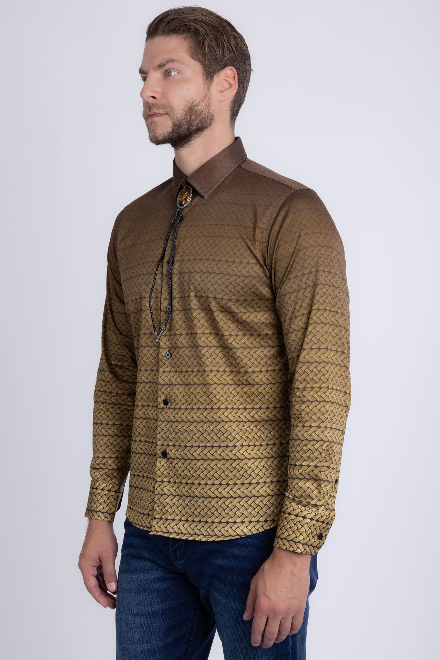 Barabas Men's Geometric Rope Strand Stretch Long Sleeve Shirts 6B01 Gold