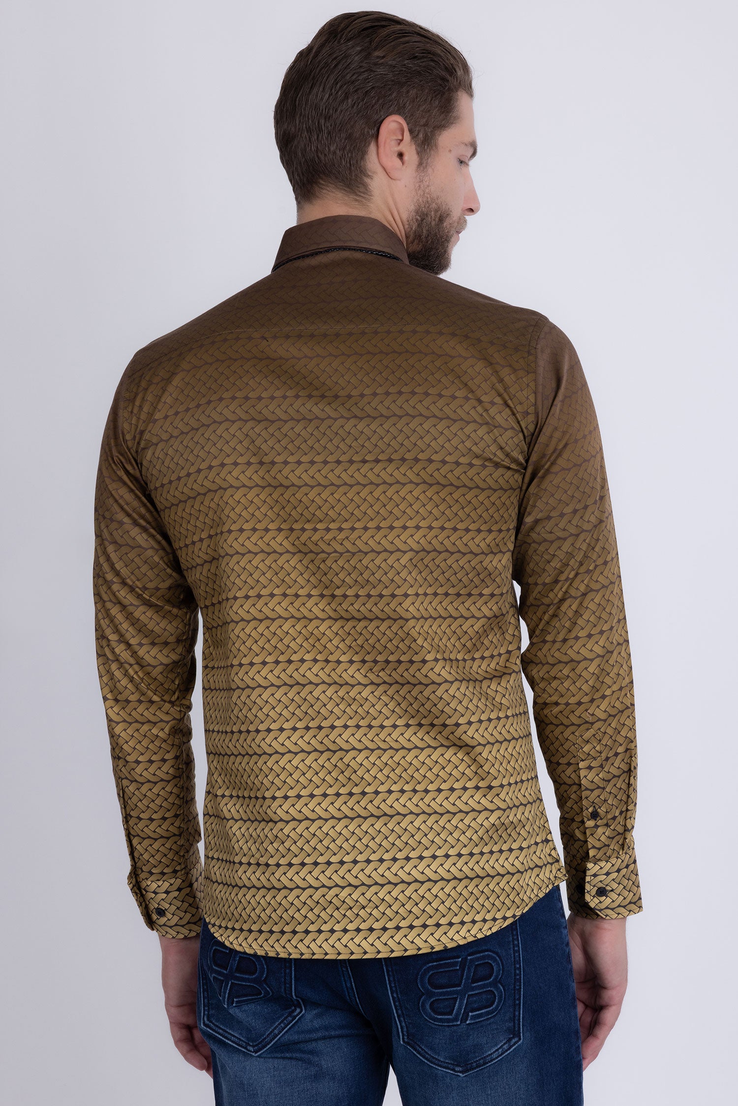 Barabas Men's Geometric Rope Strand Stretch Long Sleeve Shirts 6B01 Gold