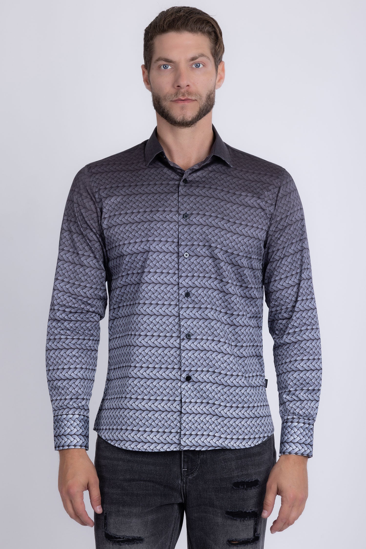 Barabas Men's Geometric Rope Strand Stretch Long Sleeve Shirts 6B01 Brown