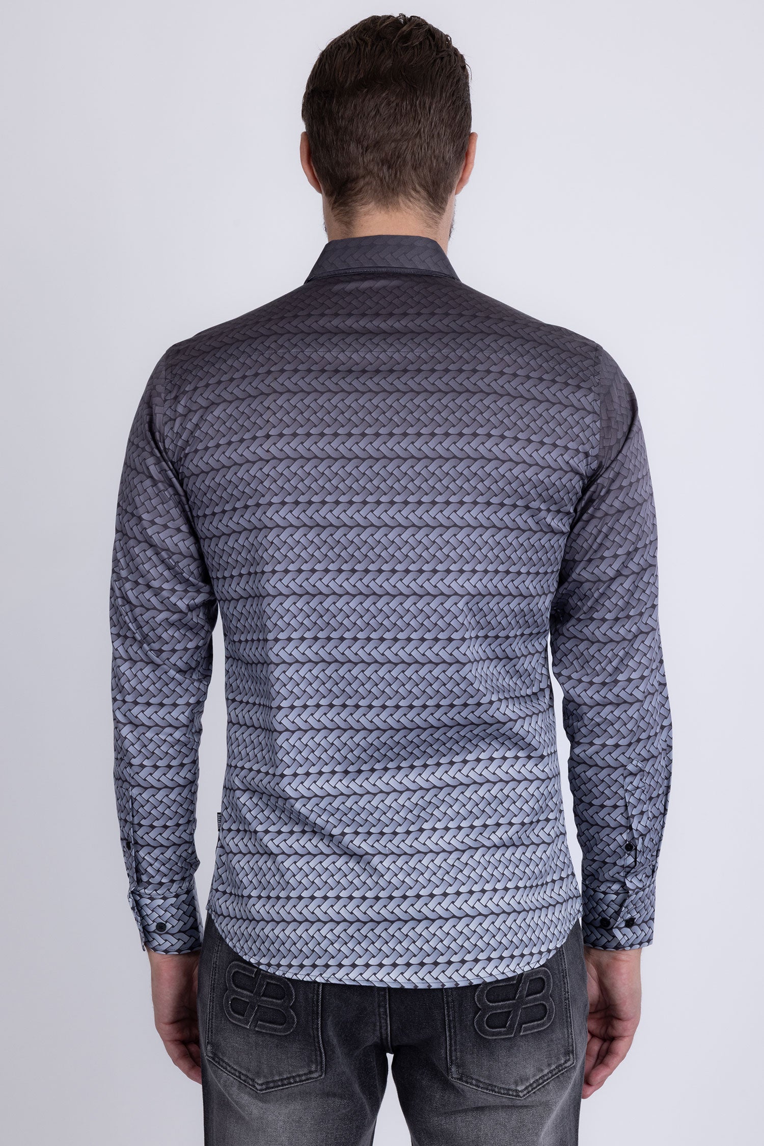 Barabas Men's Geometric Rope Strand Stretch Long Sleeve Shirts 6B01 Grey