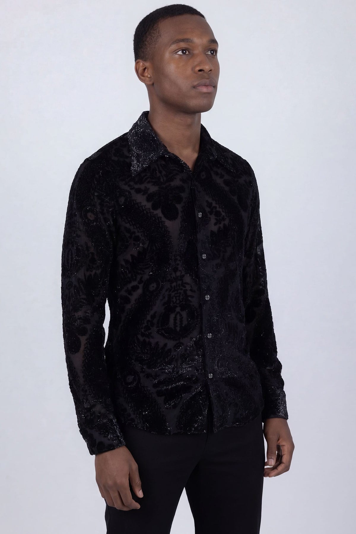 Barabas Men's See Through Floral Embroidered Baroque Shirt 6B02 Black Beauty