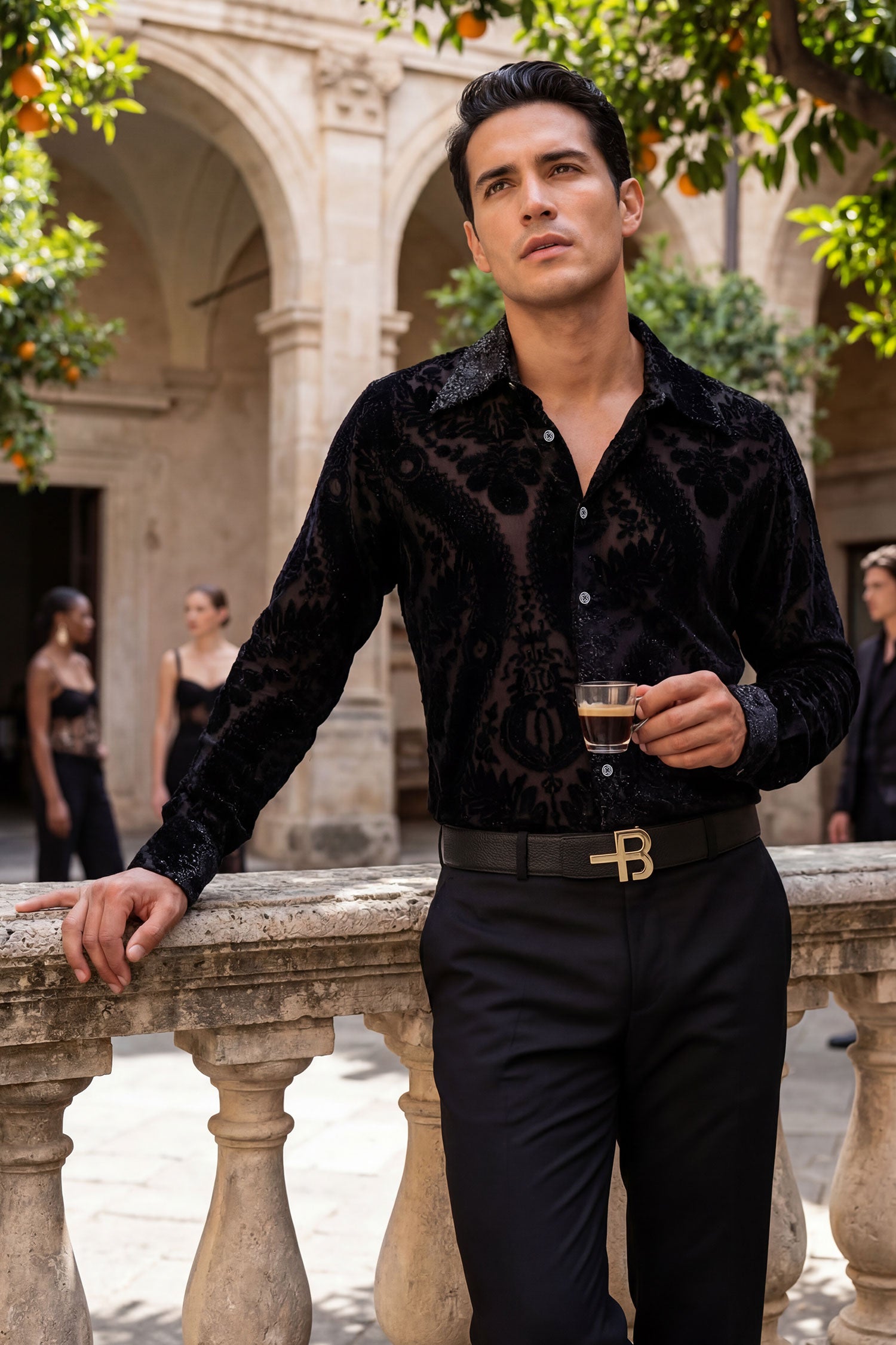 Barabas Men's See Through Floral Embroidered Baroque Shirt 6B02 Black Beauty