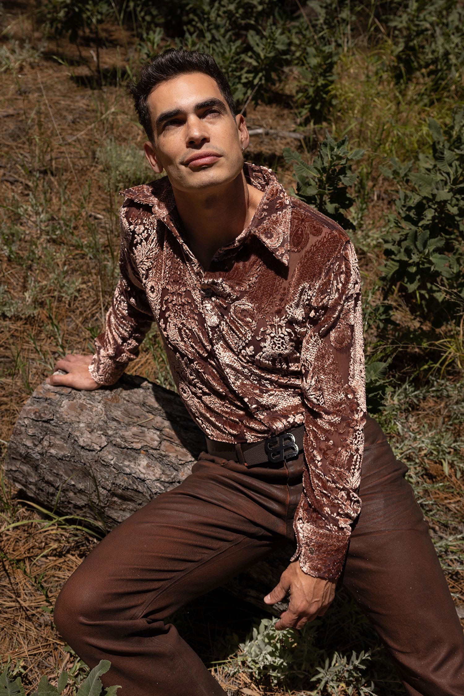 Barabas Men's See Through Floral Embroidered Baroque Shirt 6B02 Chocolate