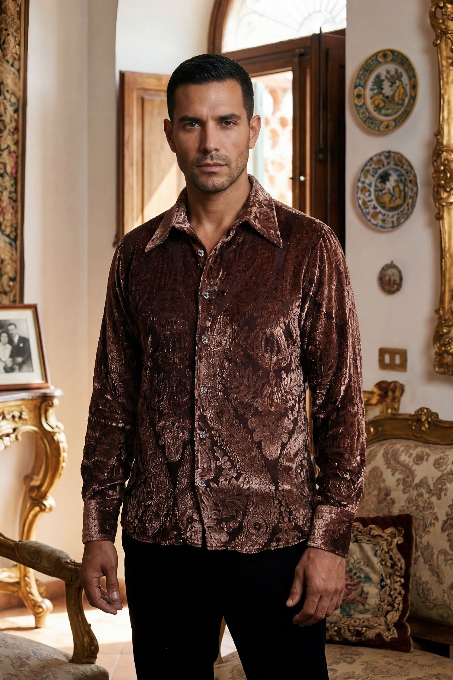 Barabas Men's See Through Floral Embroidered Baroque Shirt 6B02 Chocolate