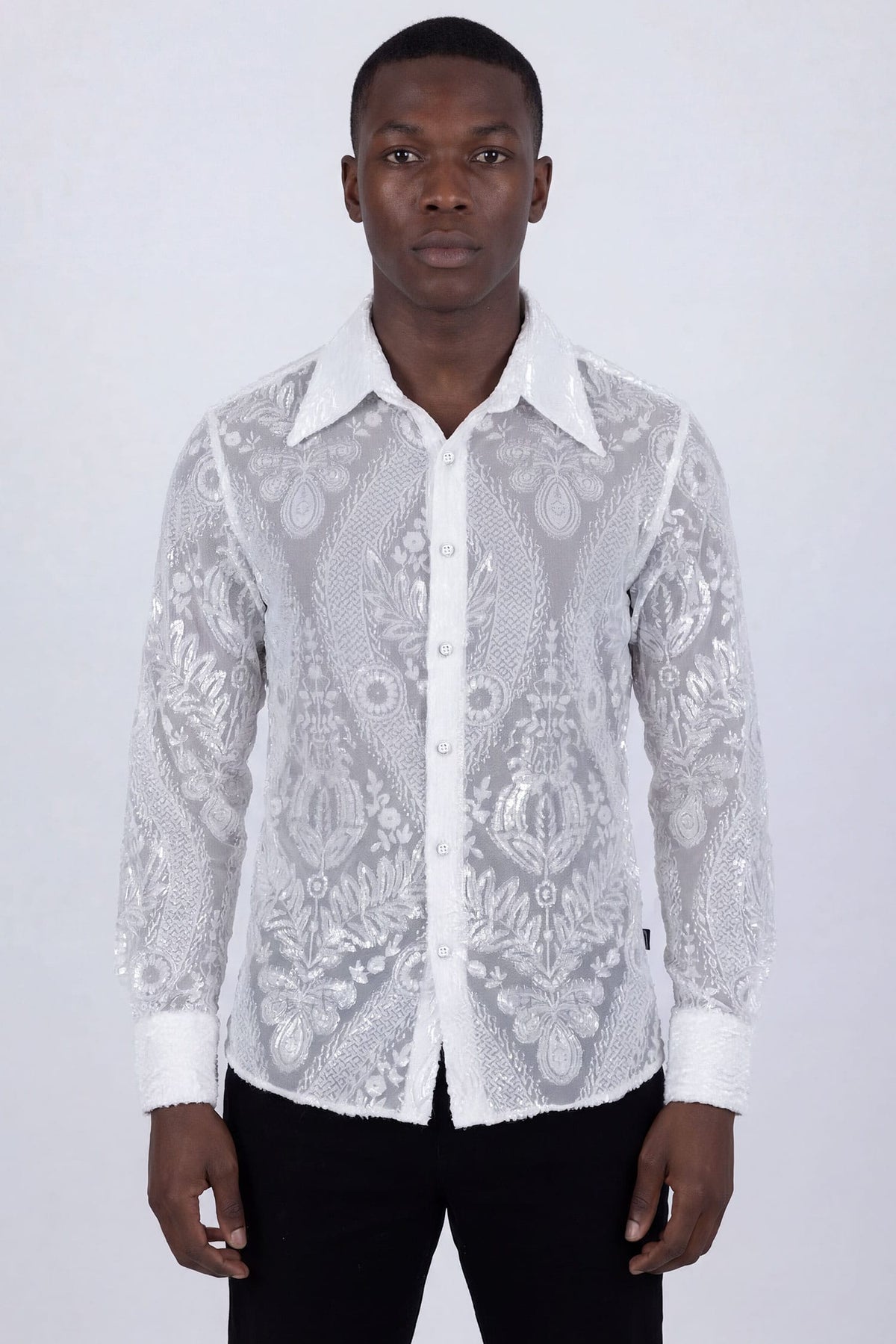 Barabas Men's See Through Floral Embroidered Baroque Shirt 6B02 White