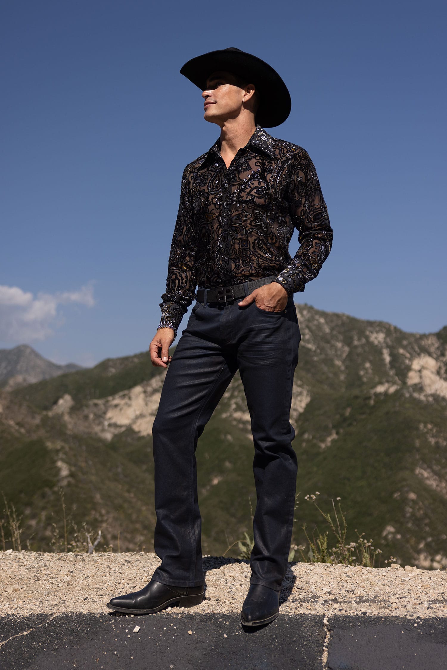 Barabas Men's Paisley Floral See Through Long Sleeve Shirts 6B04 Black
