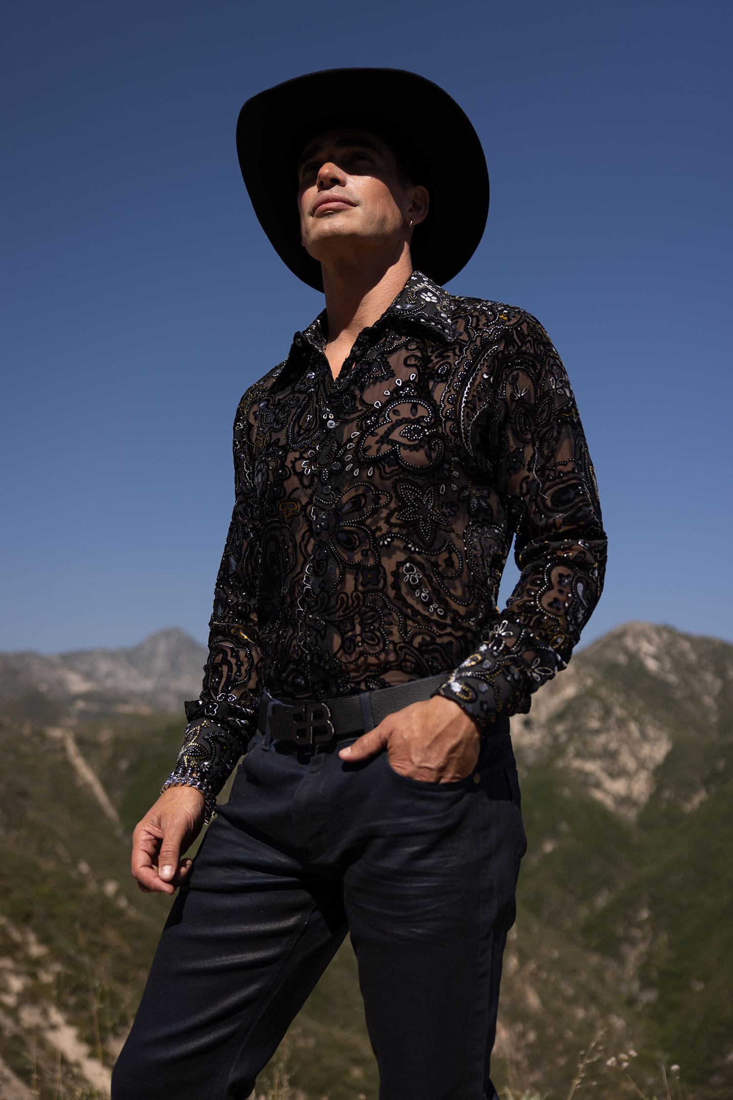 Barabas Men's Paisley Floral See Through Long Sleeve Shirts 6B04 Black