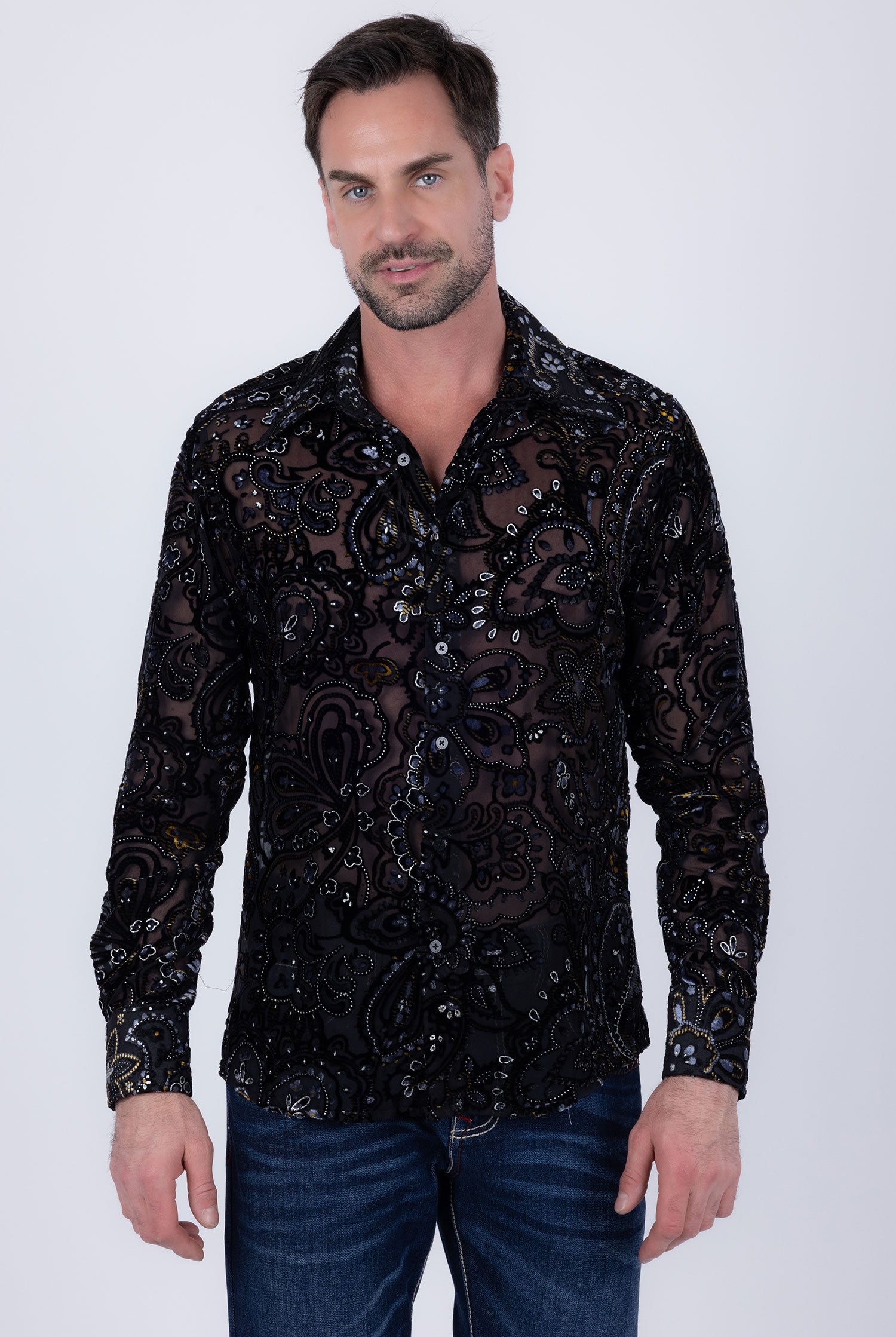 Barabas Men's Paisley Floral See Through Long Sleeve Shirts 6B04 Black