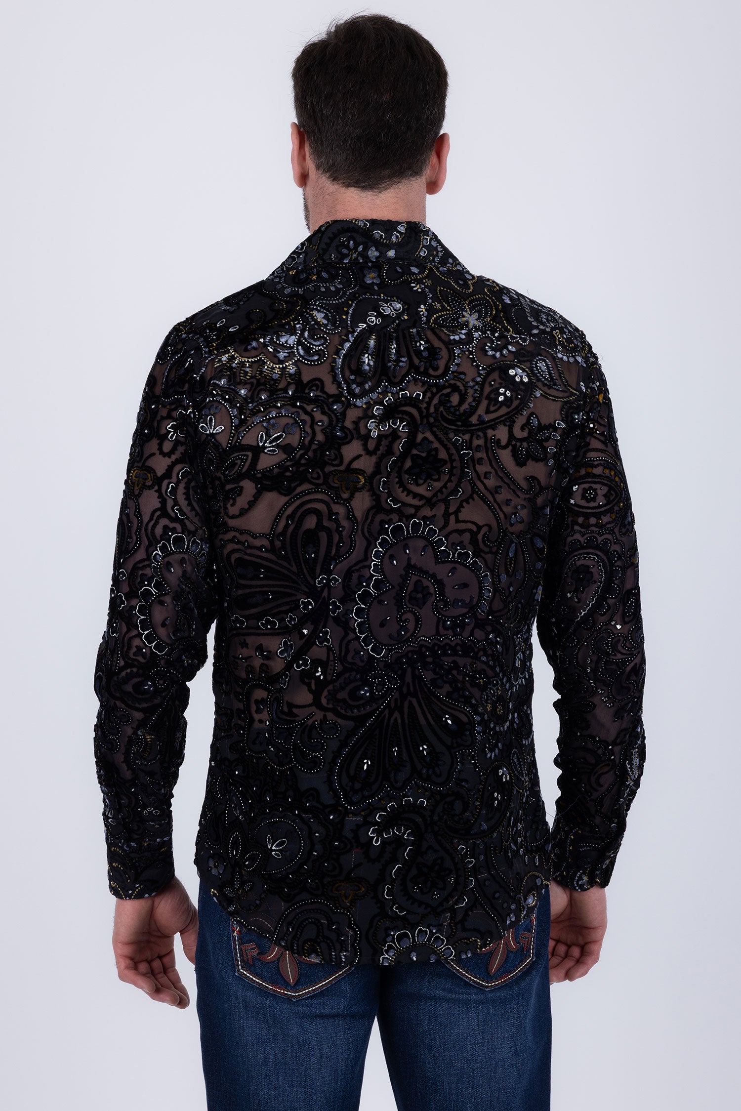 Barabas Men's Paisley Floral See Through Long Sleeve Shirts 6B04 Charcoal