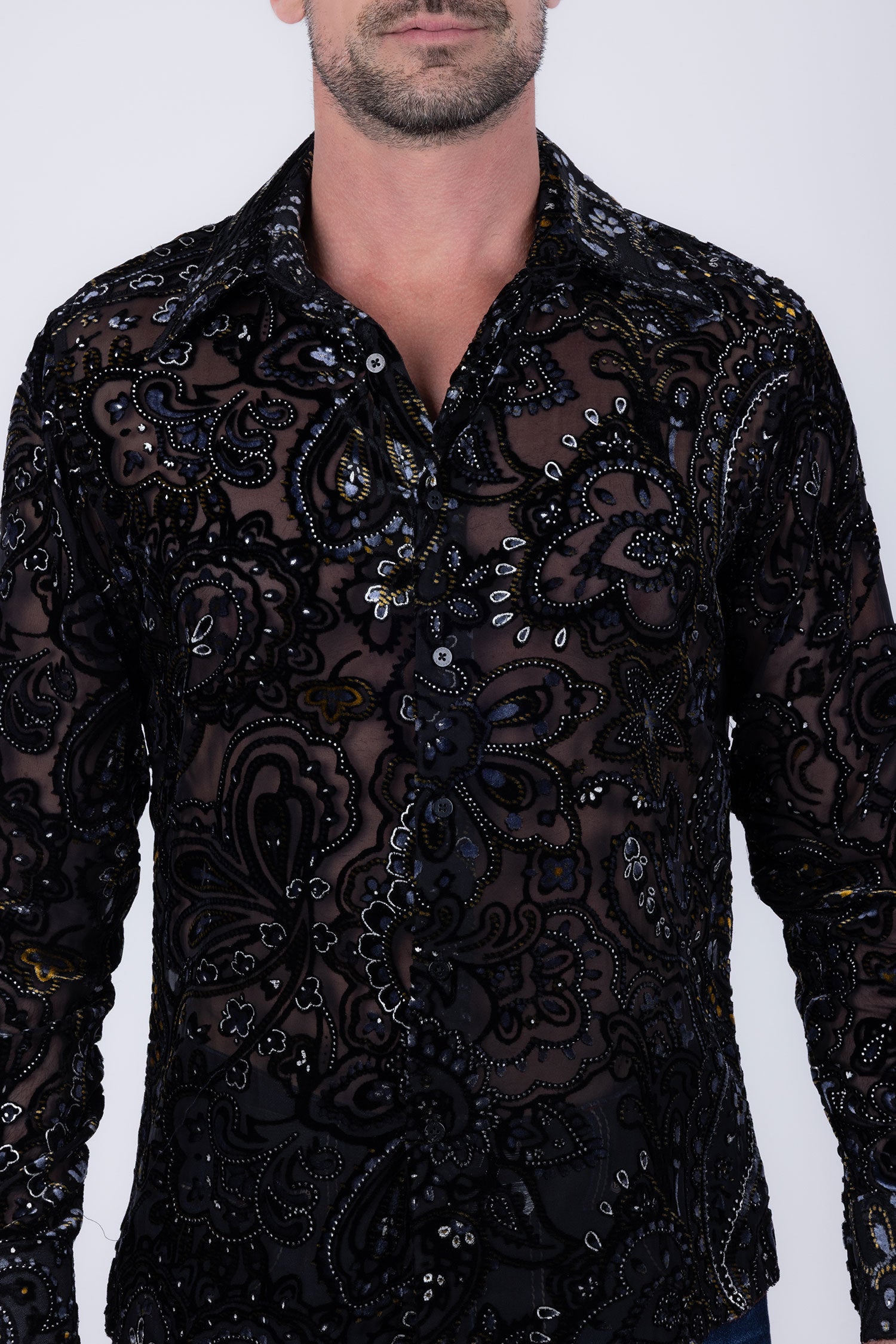 Barabas Men's Paisley Floral See Through Long Sleeve Shirts 6B04 Grey