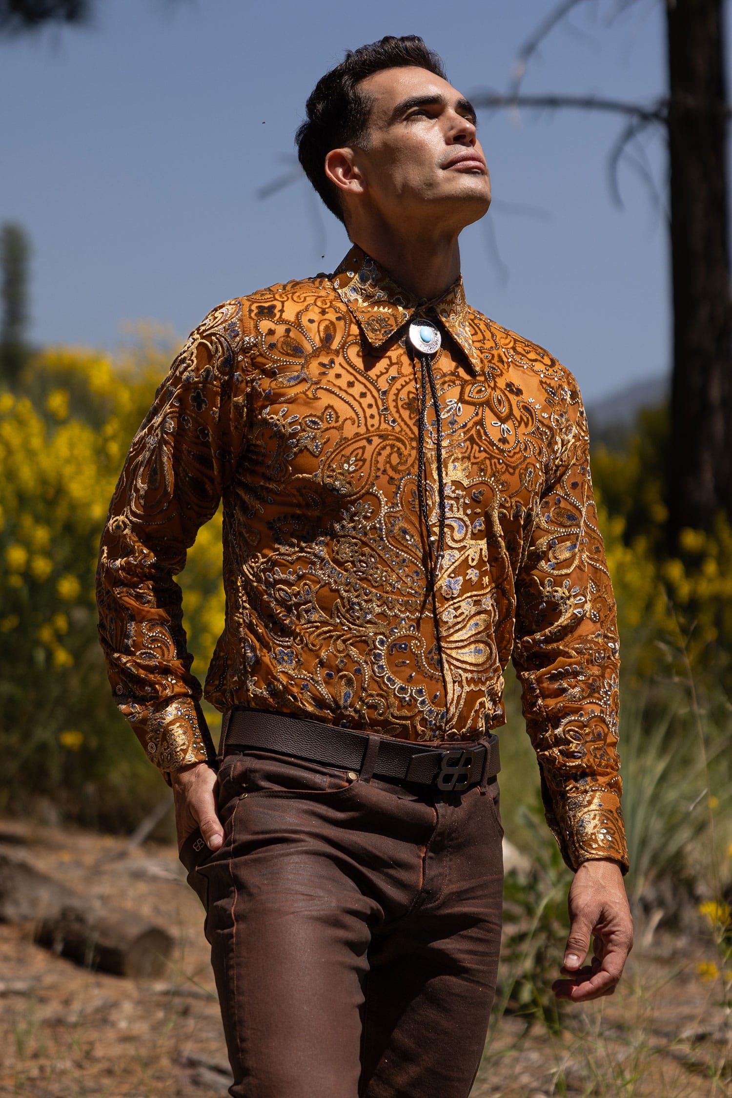 Barabas Men's Paisley Floral See Through Long Sleeve Shirts 6B04 Gold