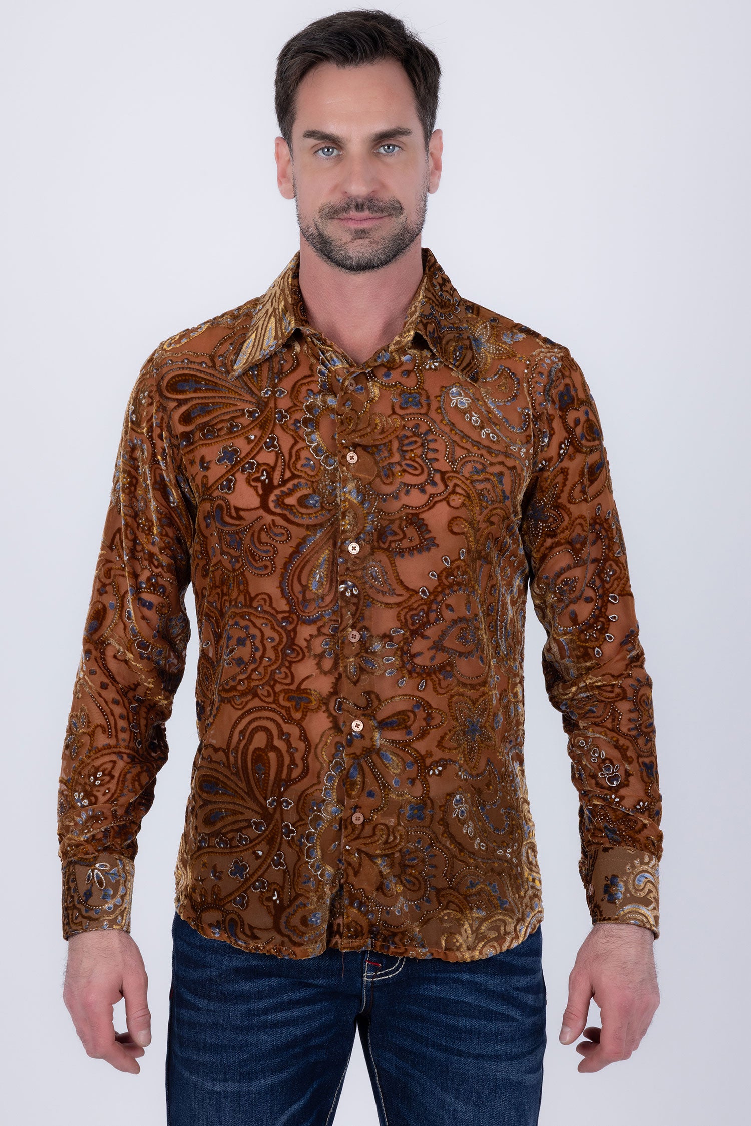 Barabas Men's Paisley Floral See Through Long Sleeve Shirts 6B04 Gold