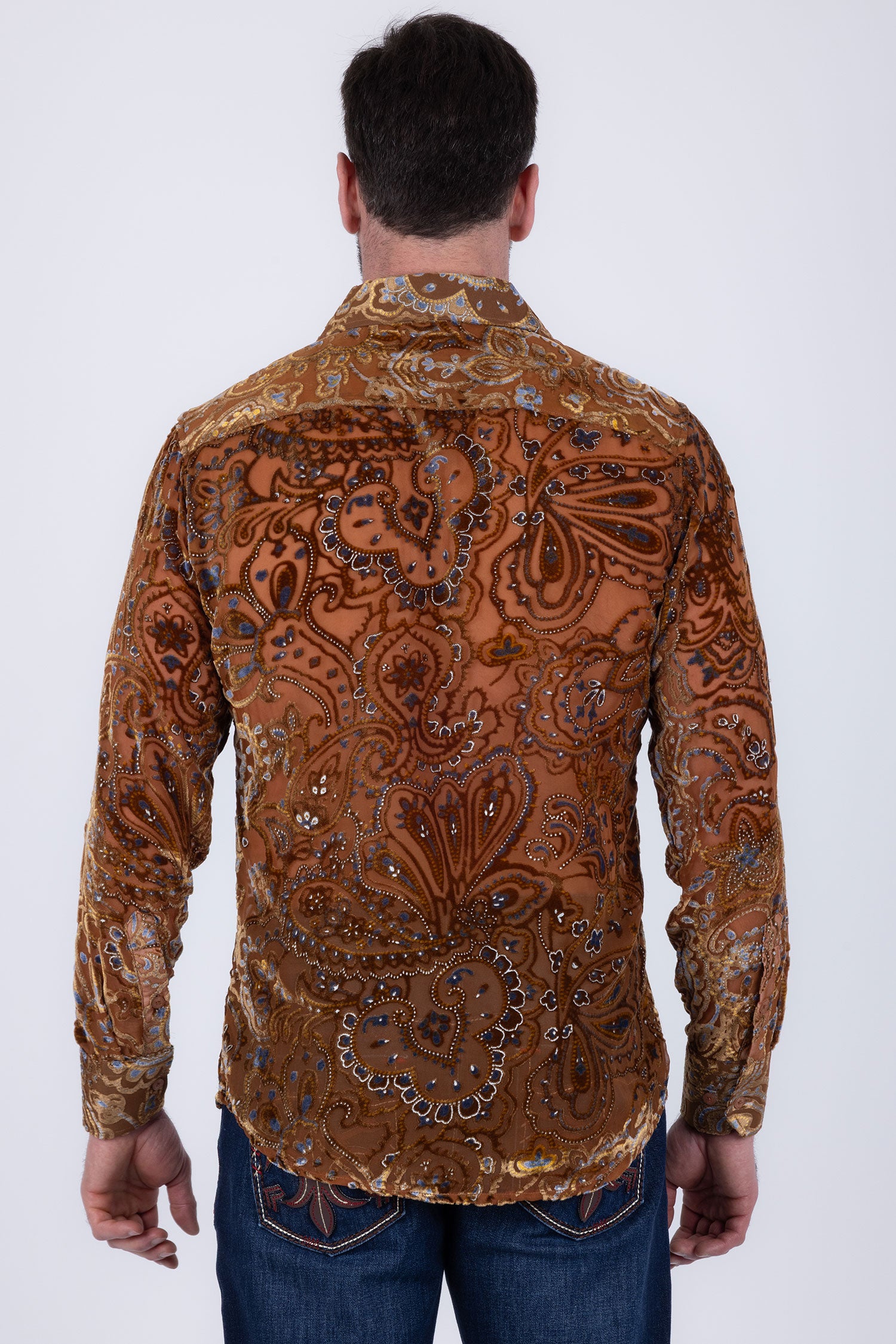 Barabas Men's Paisley Floral See Through Long Sleeve Shirts 6B04 Rust