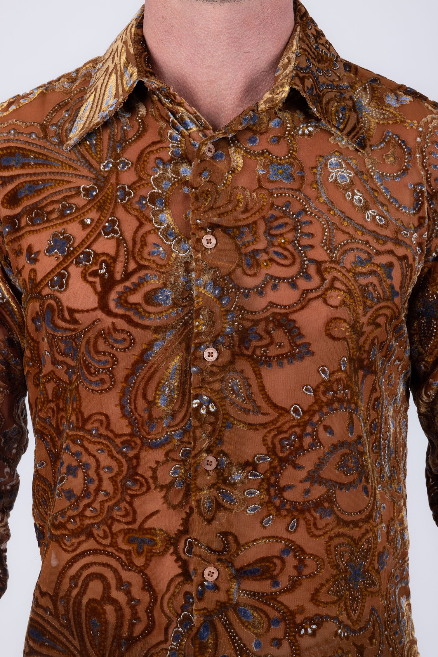 Barabas Men's Paisley Floral See Through Long Sleeve Shirts 6B04 Gold