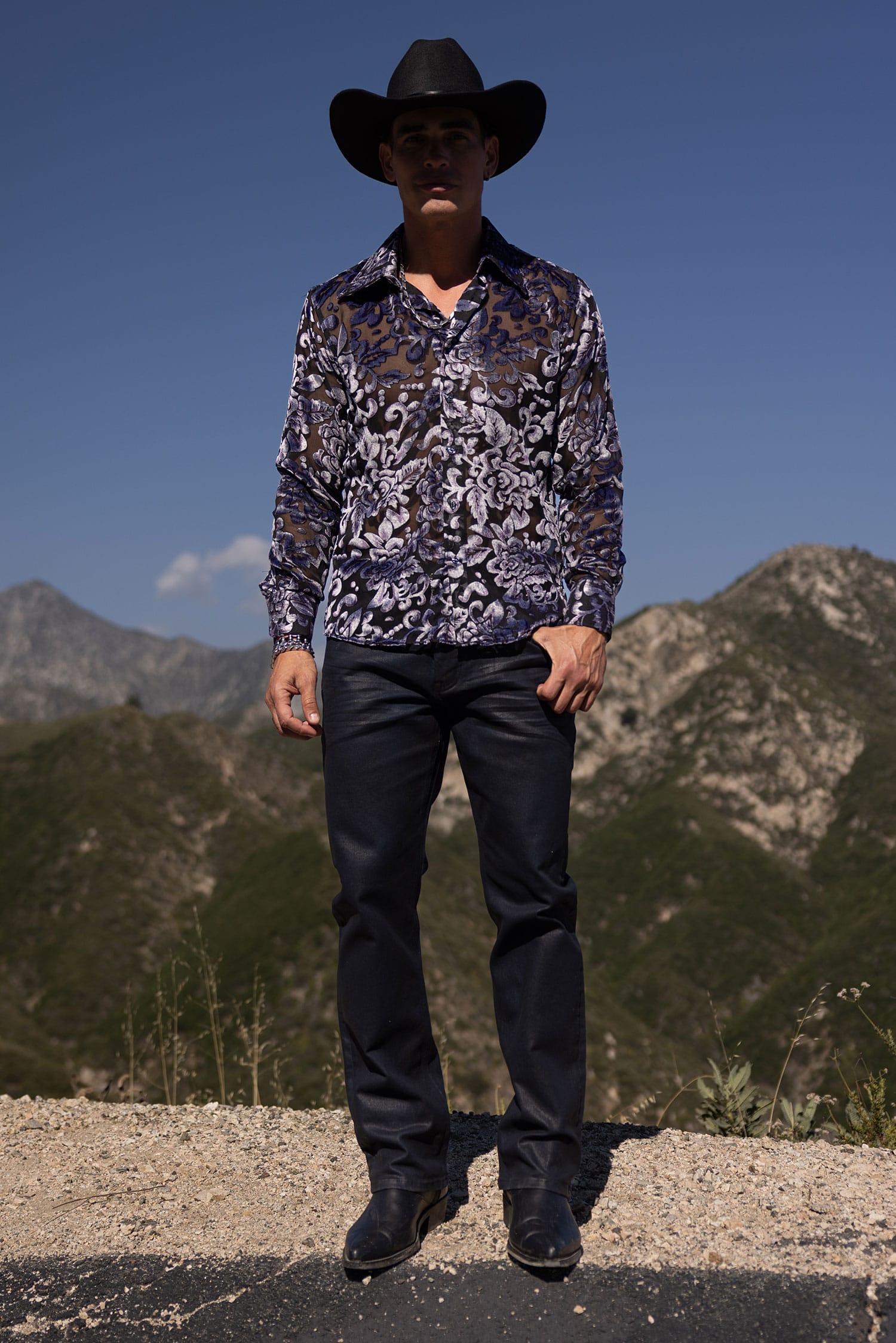 Barabas Men's See Through Floral Pattern Long Sleeve Shirts 6B05 Silver