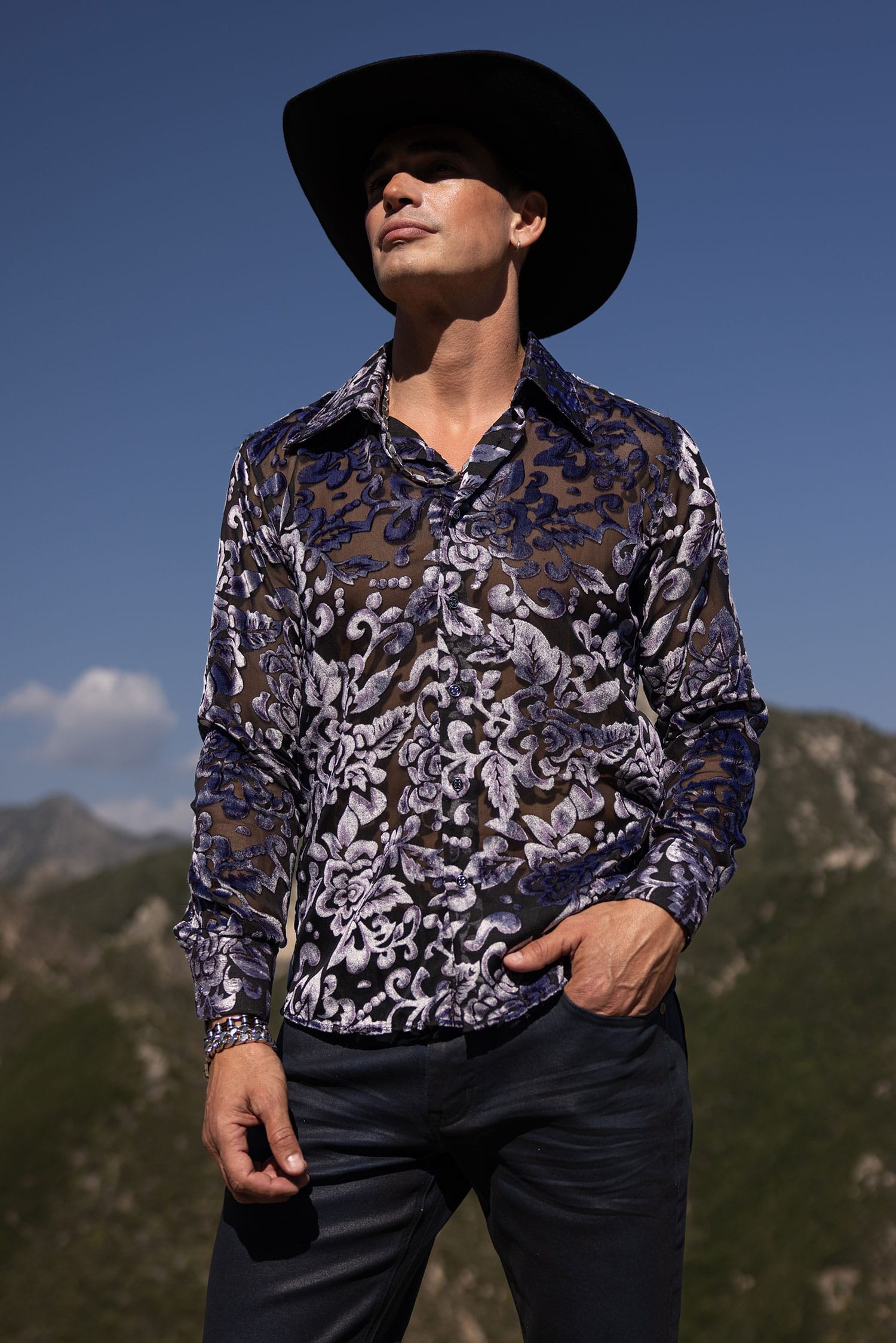 Barabas Men's See Through Floral Pattern Long Sleeve Shirts 6B05 Silver