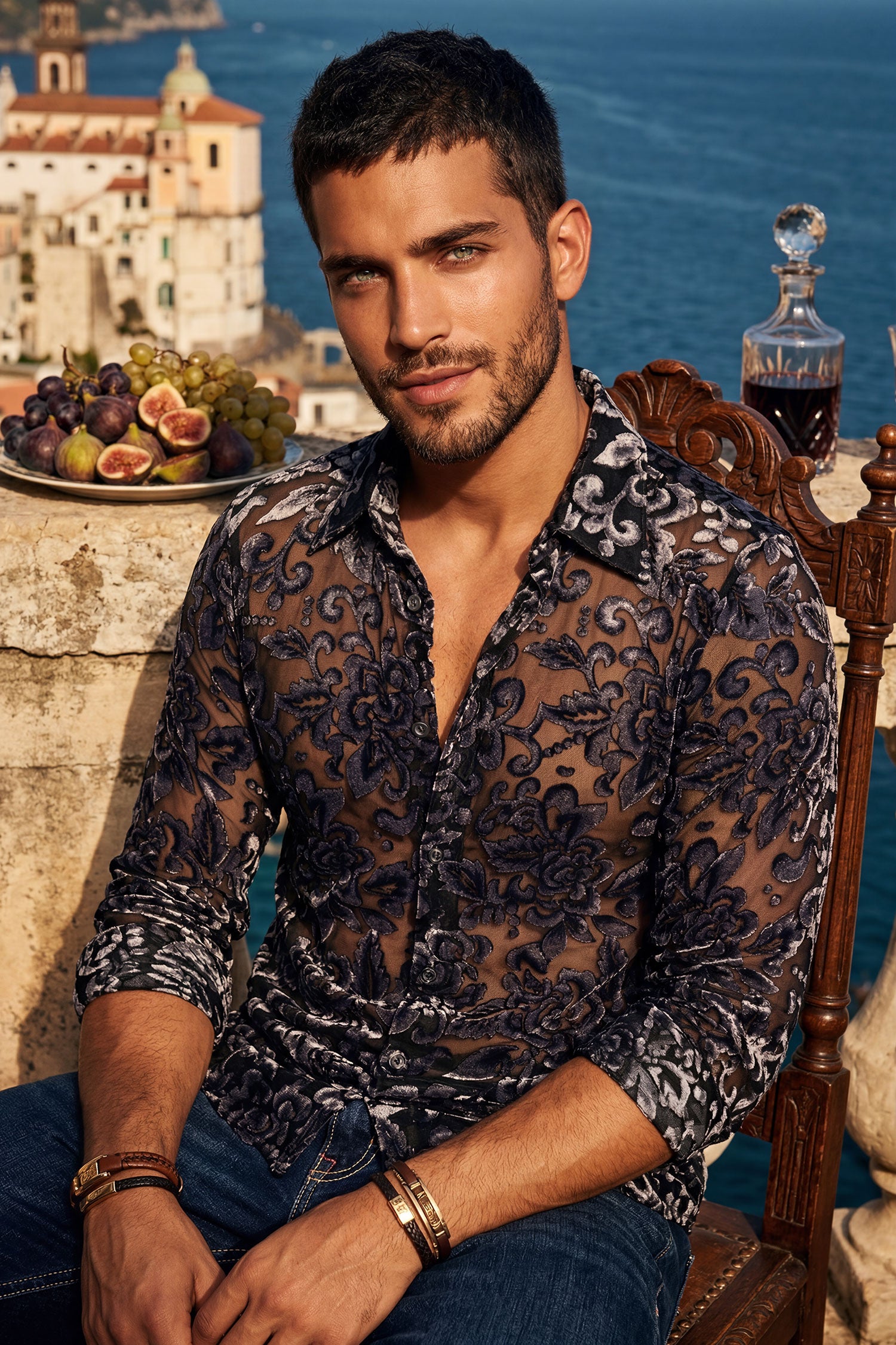 Barabas Men's See Through Floral Pattern Long Sleeve Shirts 6B05 Black Silver