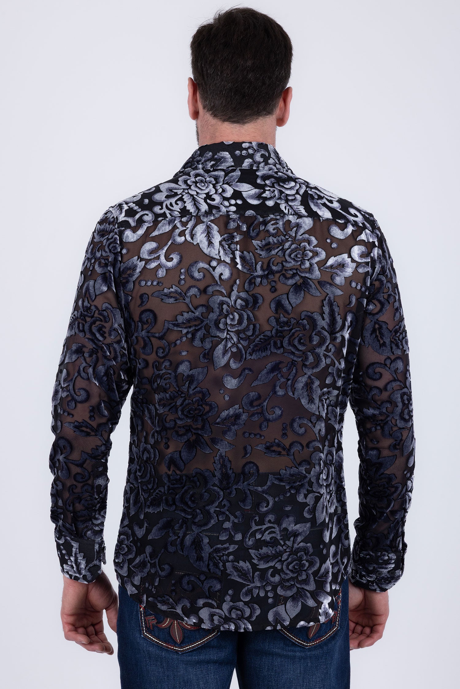 Barabas Men's See Through Floral Pattern Long Sleeve Shirts 6B05 Silver