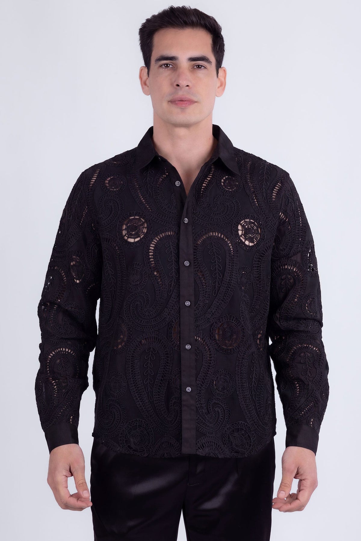 Barabas Men's Paisley Floral See Through Knit Long Sleeve Shirts 6B08 Black