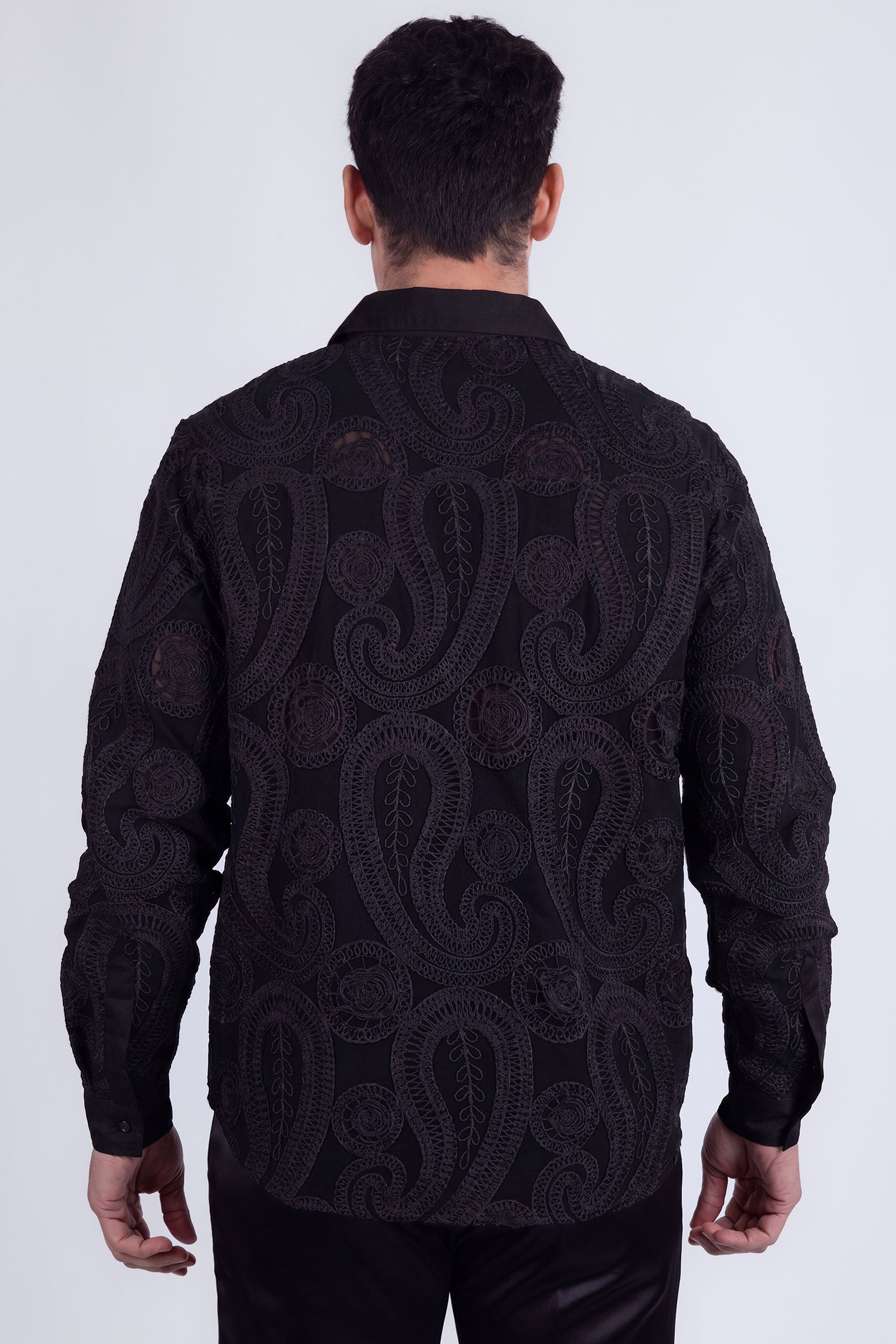 Barabas Men's Paisley Floral See Through Knit Long Sleeve Shirts 6B08 Black