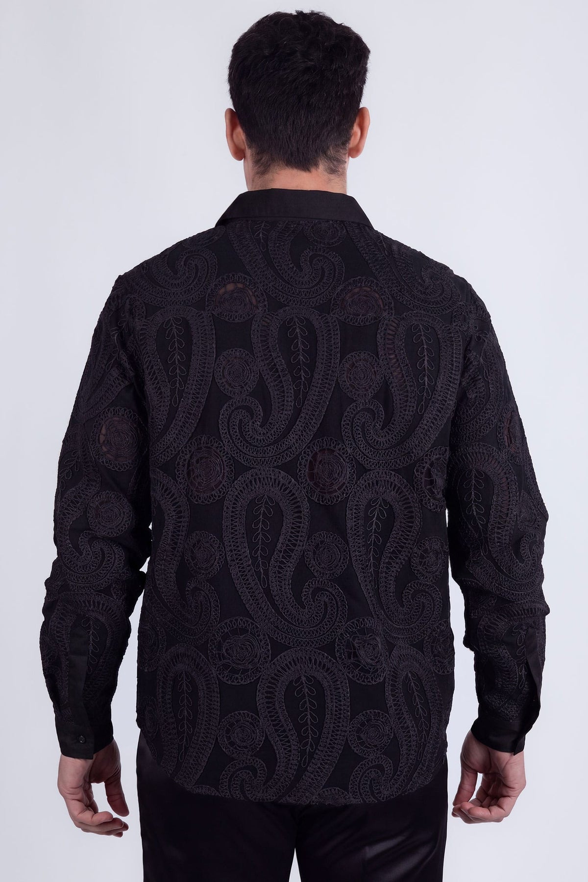 Barabas Men's Paisley Floral See Through Knit Long Sleeve Shirts 6B08 Black