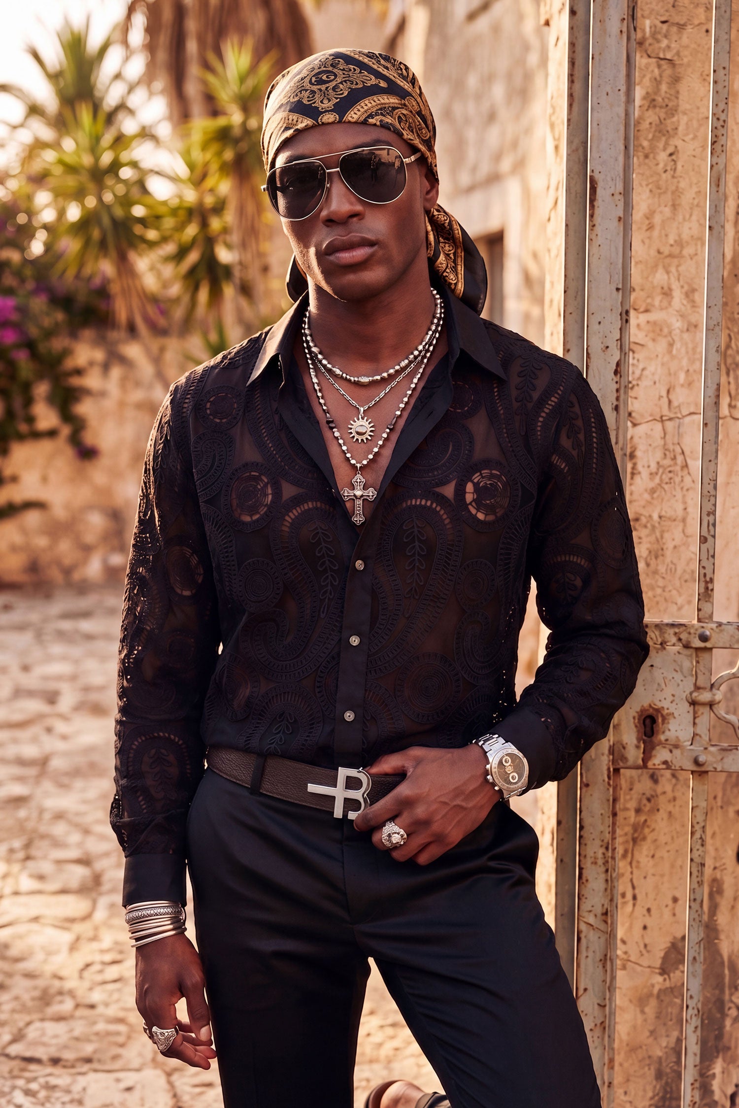 Barabas Men's Paisley Floral See Through Knit Long Sleeve Shirts 6B08 Black