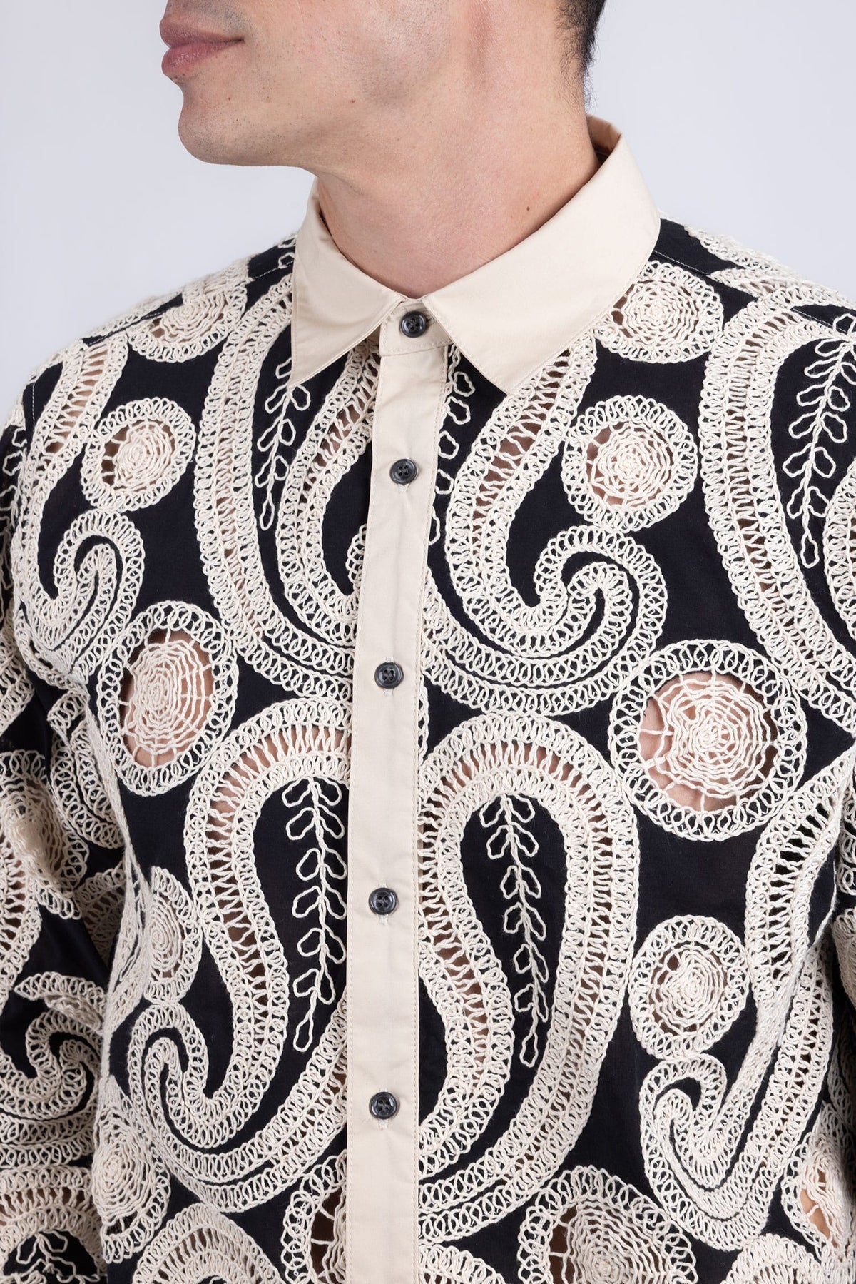 Barabas Men's Paisley Floral See Through Knit Long Sleeve Shirts 6B08 Beige