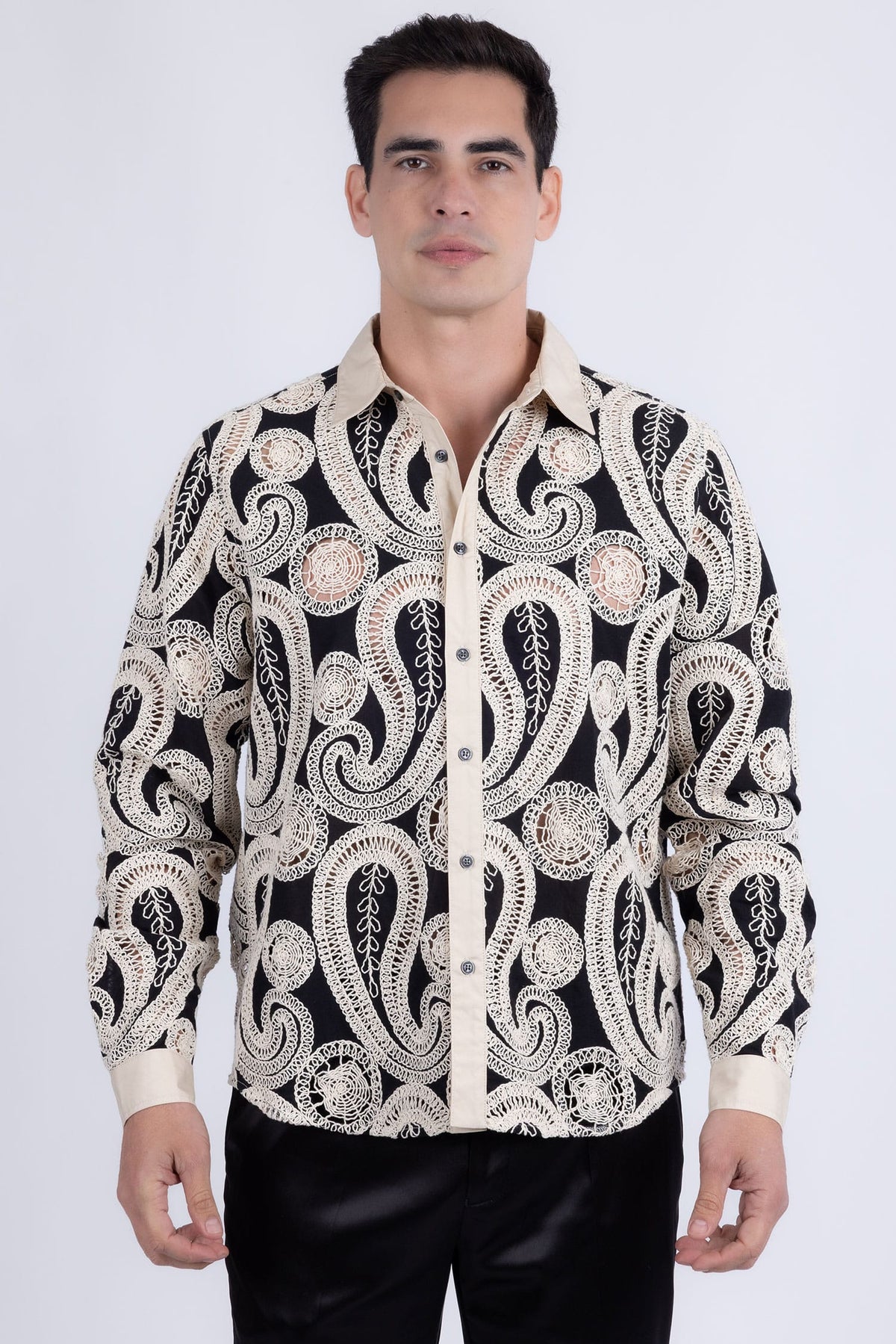 Barabas Men's Paisley Floral See Through Knit Long Sleeve Shirts 6B08 Cream