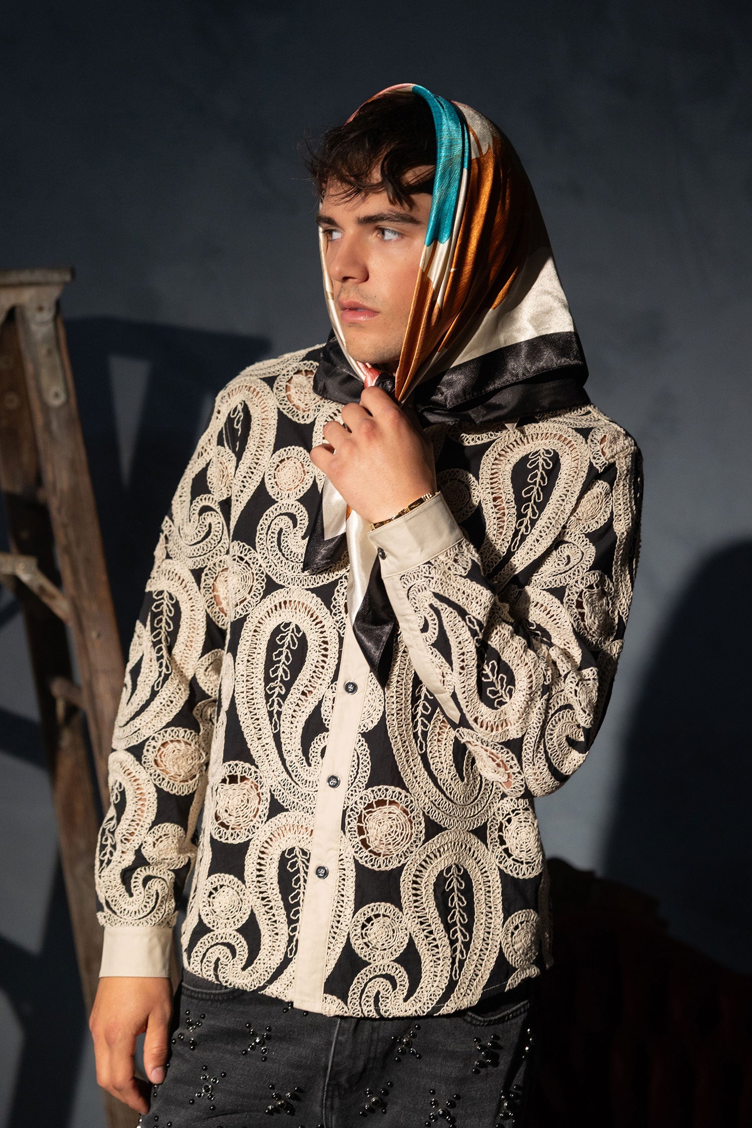 Barabas Men's Paisley Floral See Through Knit Long Sleeve Shirts 6B08 Cream