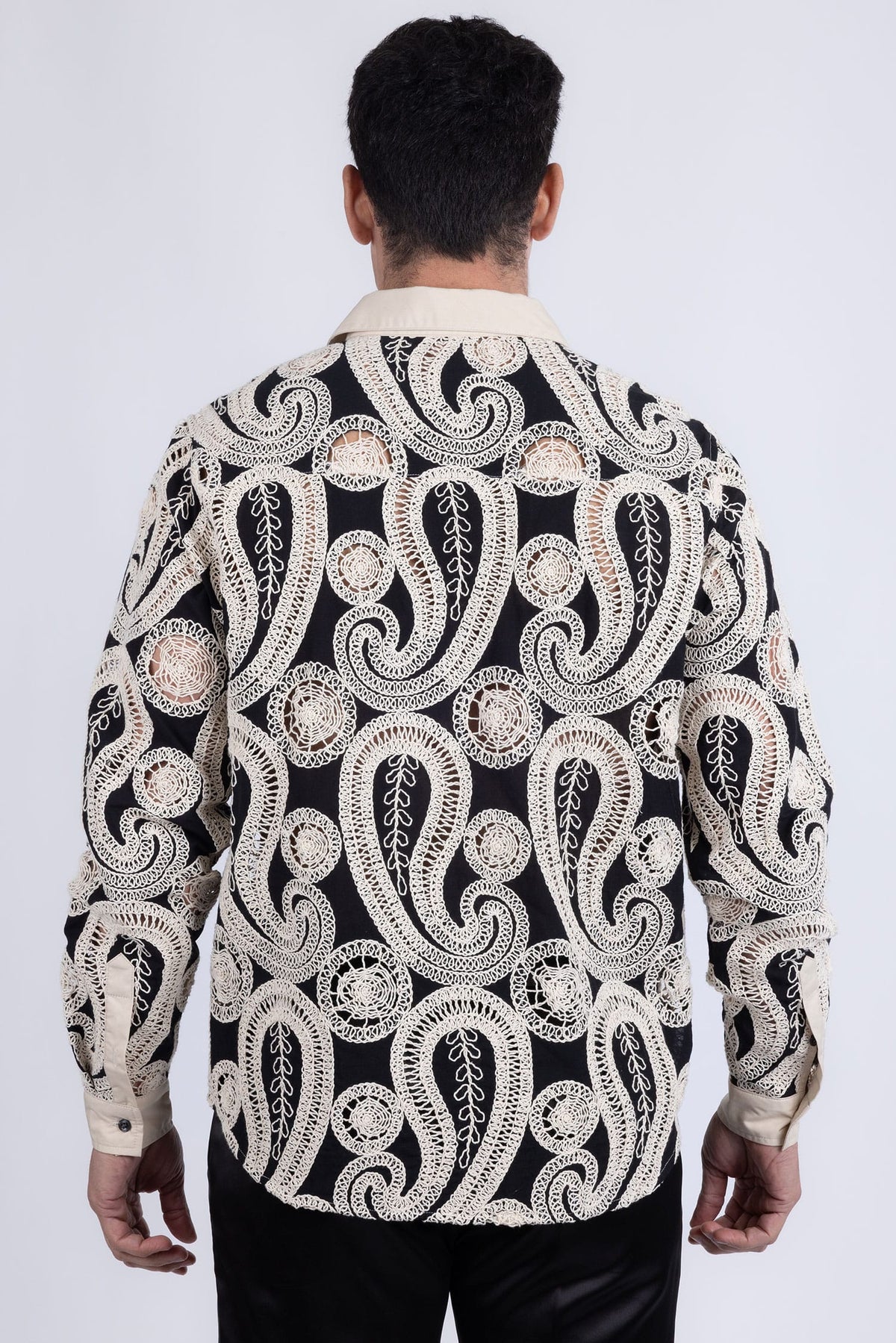 Barabas Men's Paisley Floral See Through Knit Long Sleeve Shirts 6B08 Black Cream