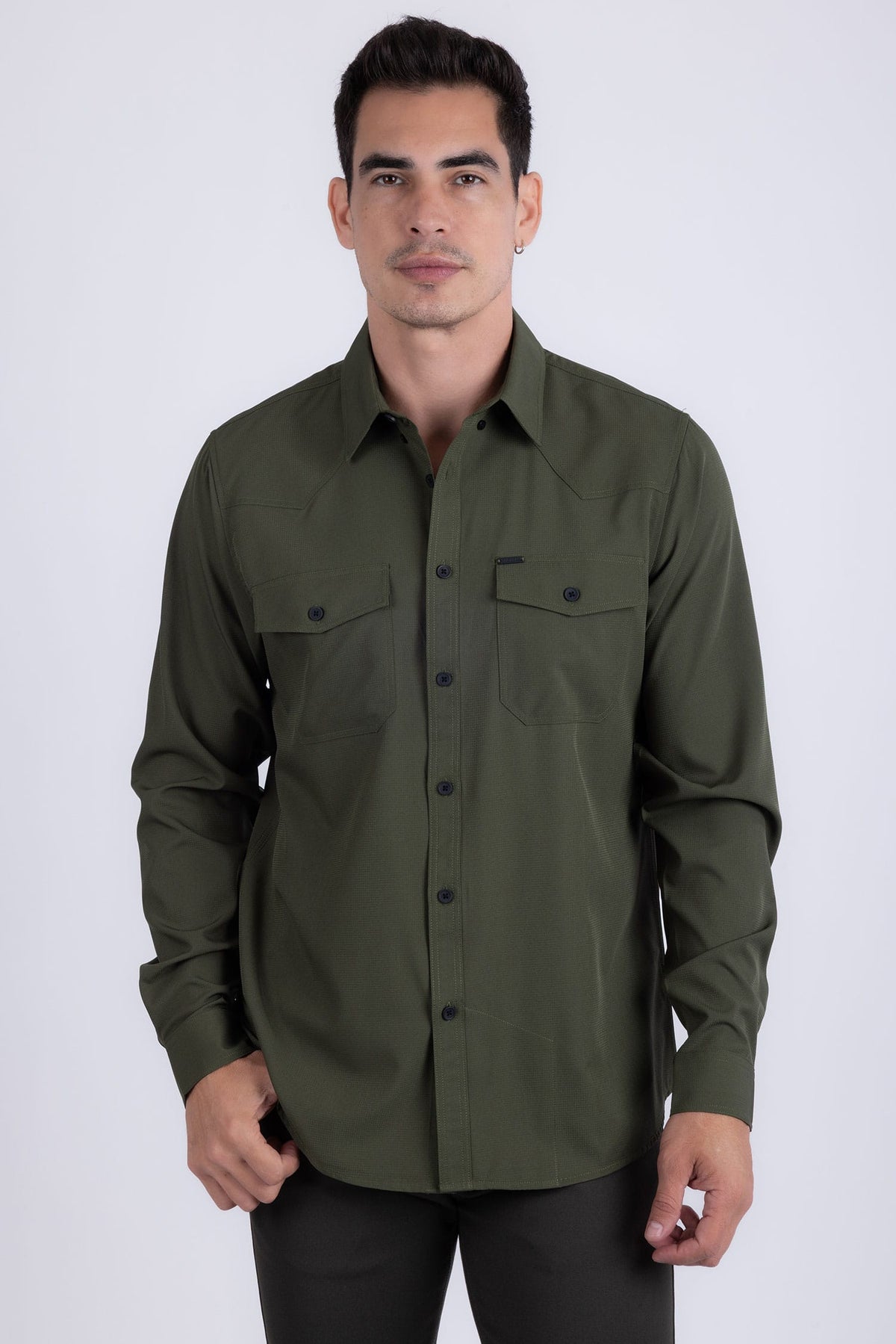 Barabas Men's Western Casual Solid Stretch Long Sleeve Shirt 6B12 #Color_Army Green