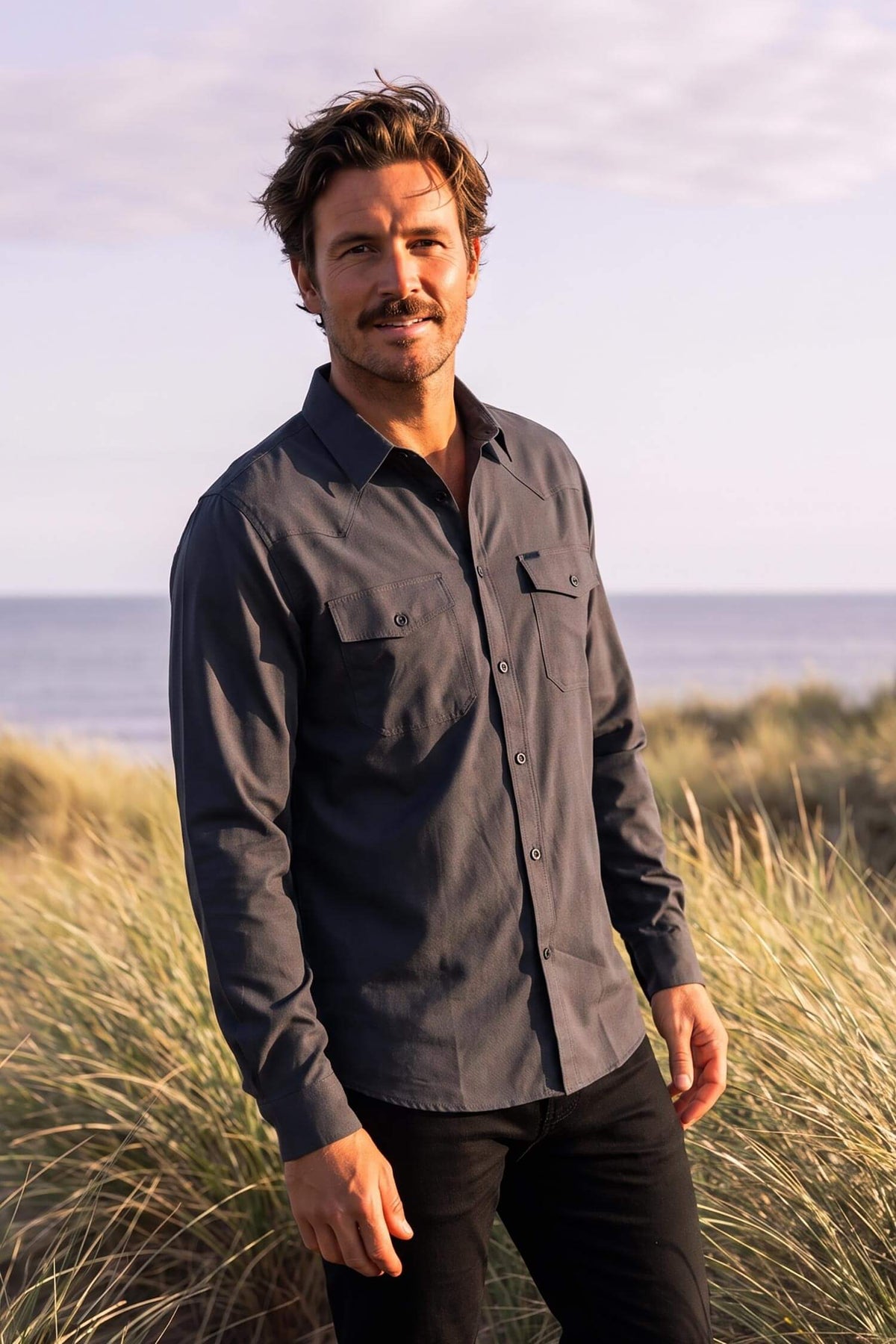 Barabas Men's Western Casual Solid Stretch Long Sleeve Shirt 6B12 #Color_Charcoal
