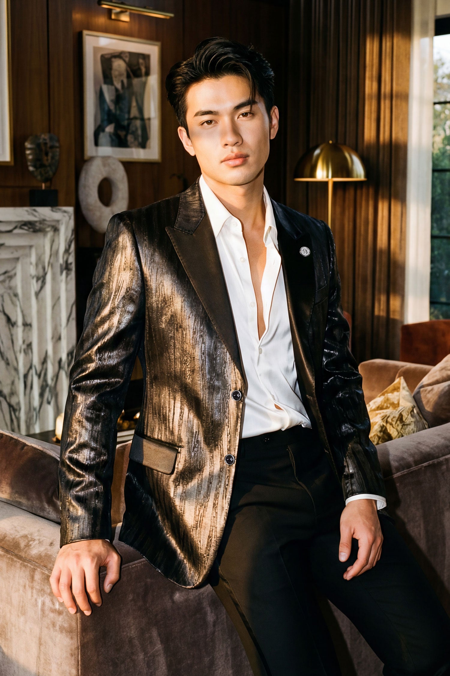 Barabas Men's Shiny Metallic Striped Notch Wide Lapel Blazer 6BL05 Black