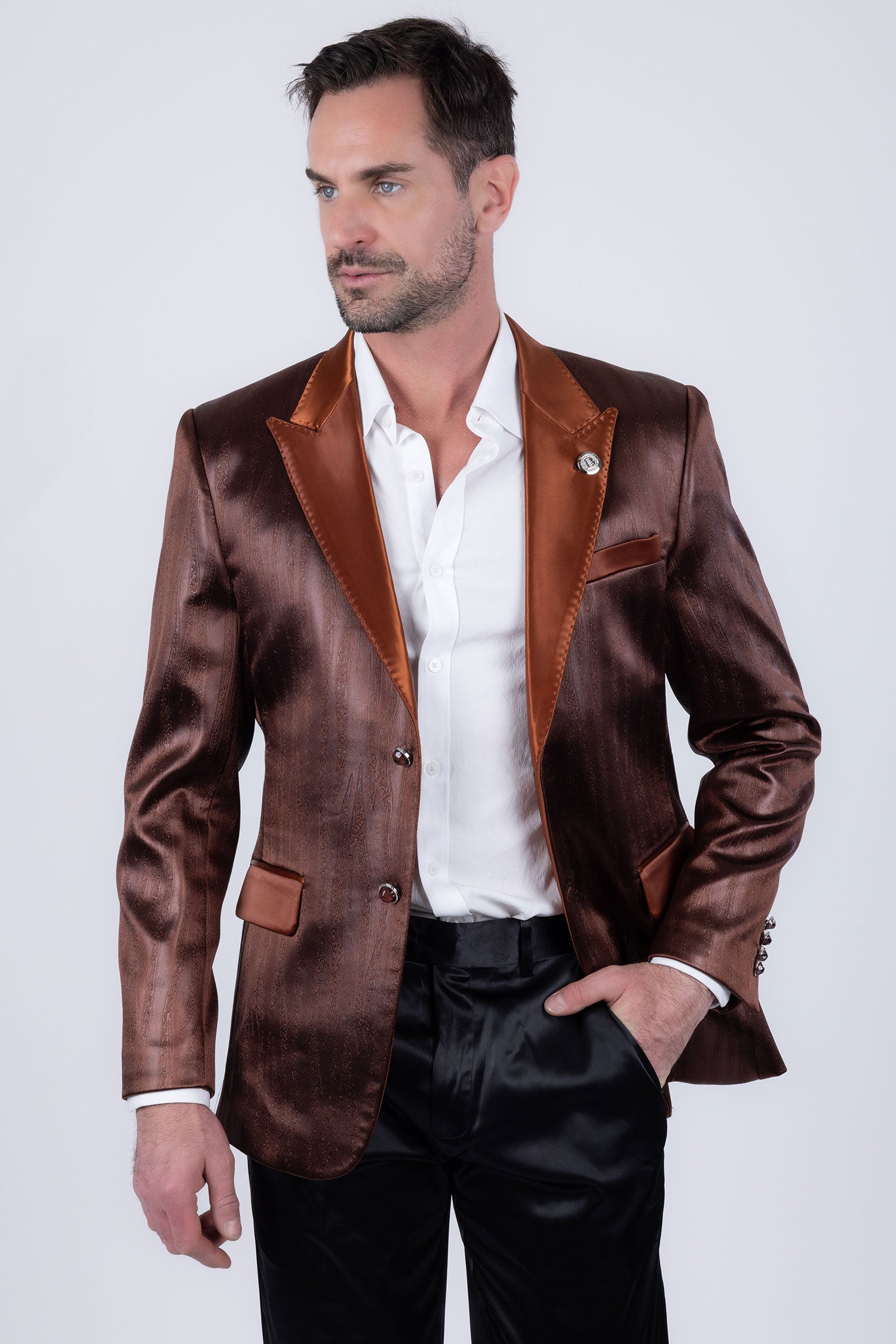 Barabas Men's Shiny Metallic Striped Notch Wide Lapel Blazer 6BL05 Brown