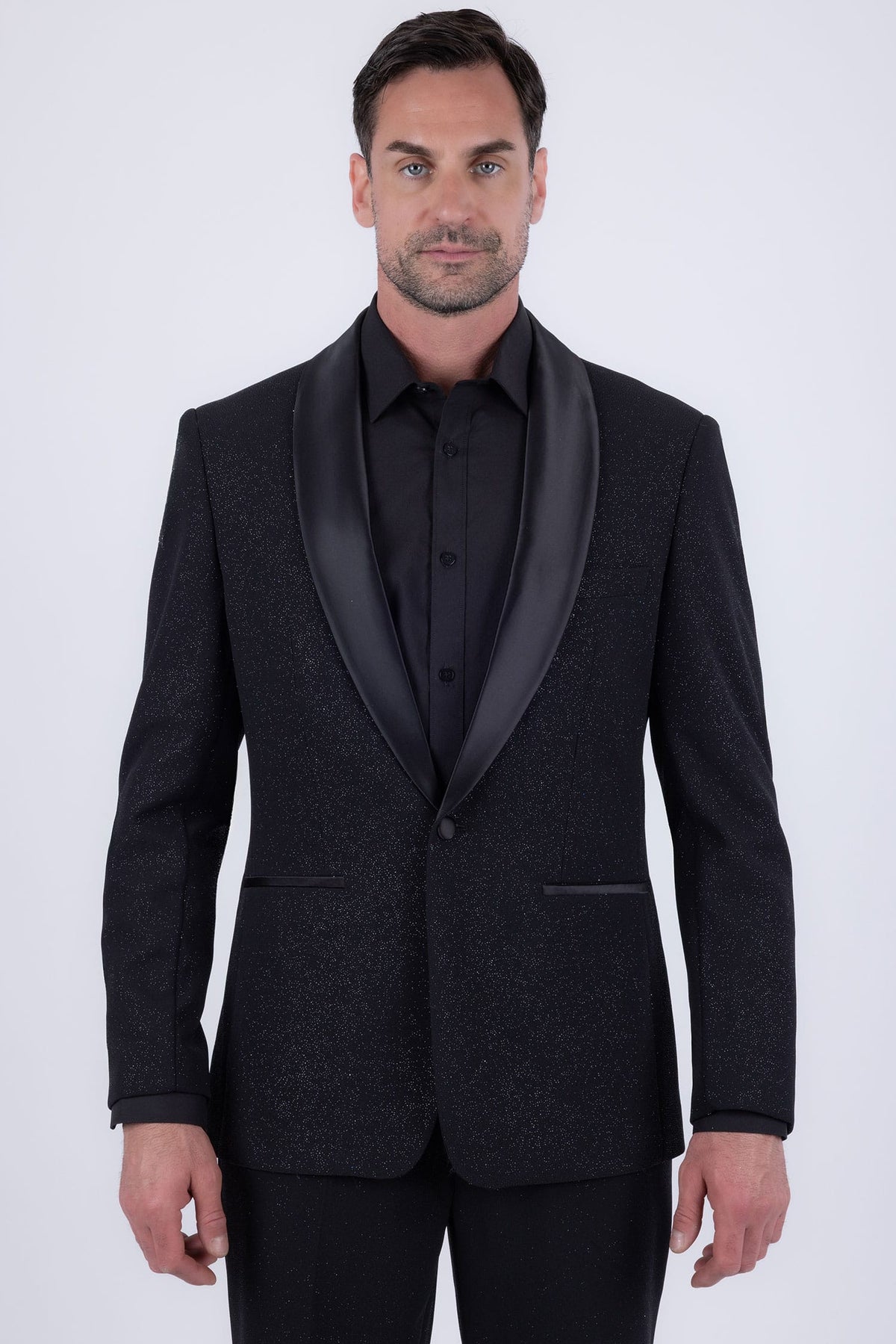 Barabas Men's Glitter Shine Contrasting Shawl Lapel Blazer 6BL07 #Color_Black Black