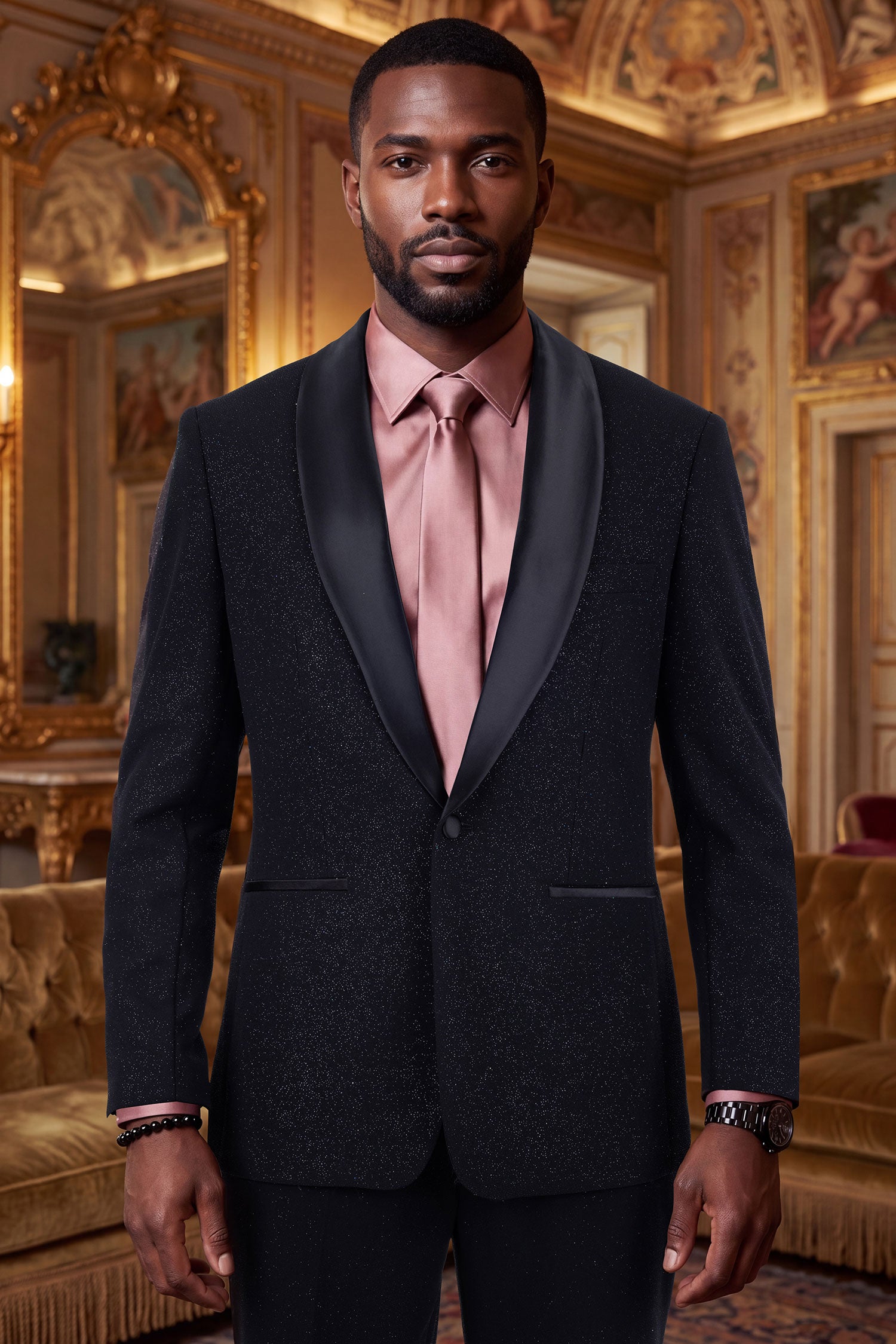 Barabas Men's Glitter Shine Contrasting Shawl Lapel Blazer 6BL07 Black