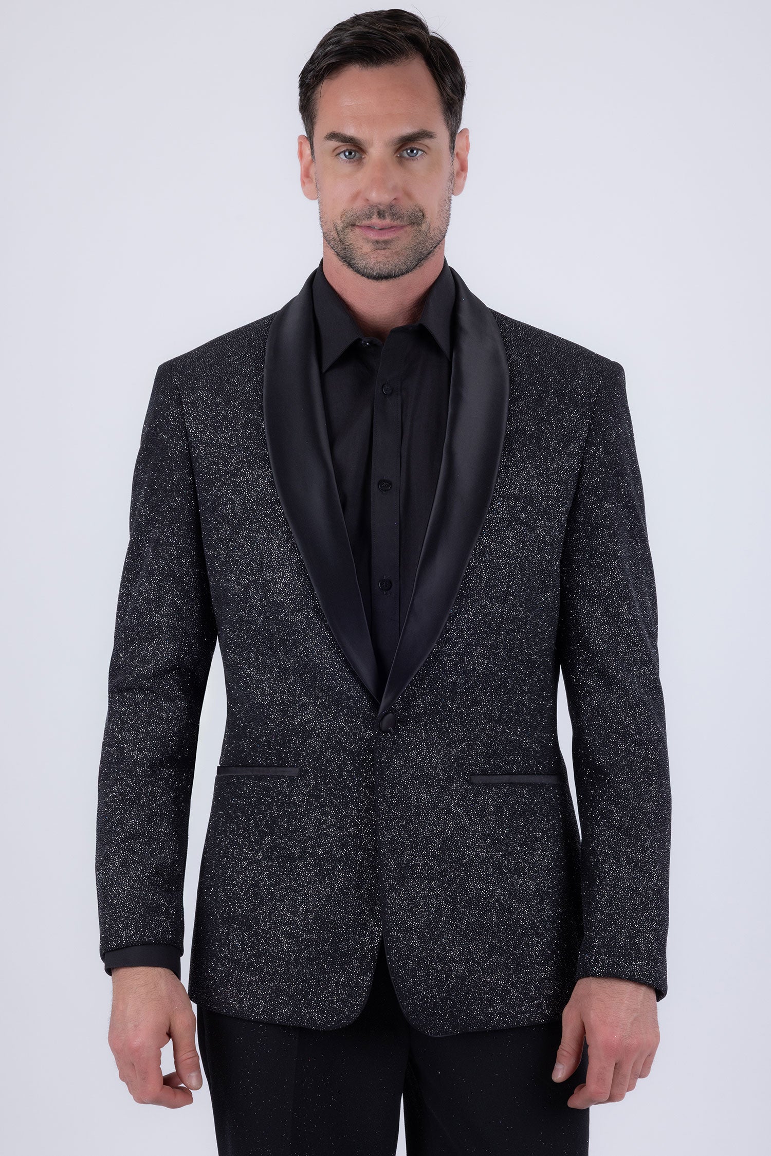 Barabas Men's Glitter Shine Contrasting Shawl Lapel Blazer 6BL07 Black Silver
