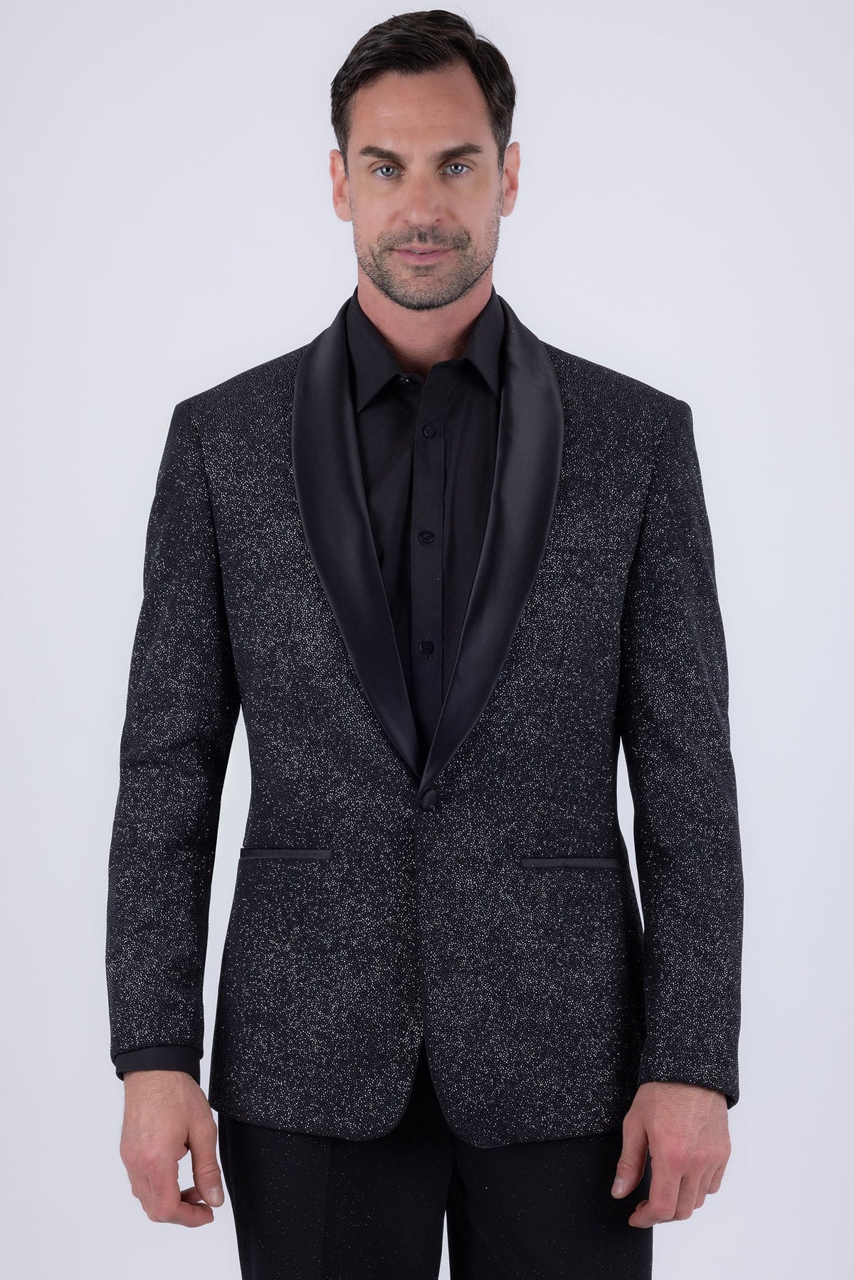 Barabas Men's Glitter Shine Contrasting Shawl Lapel Blazer 6BL07 #Color_Black Silver