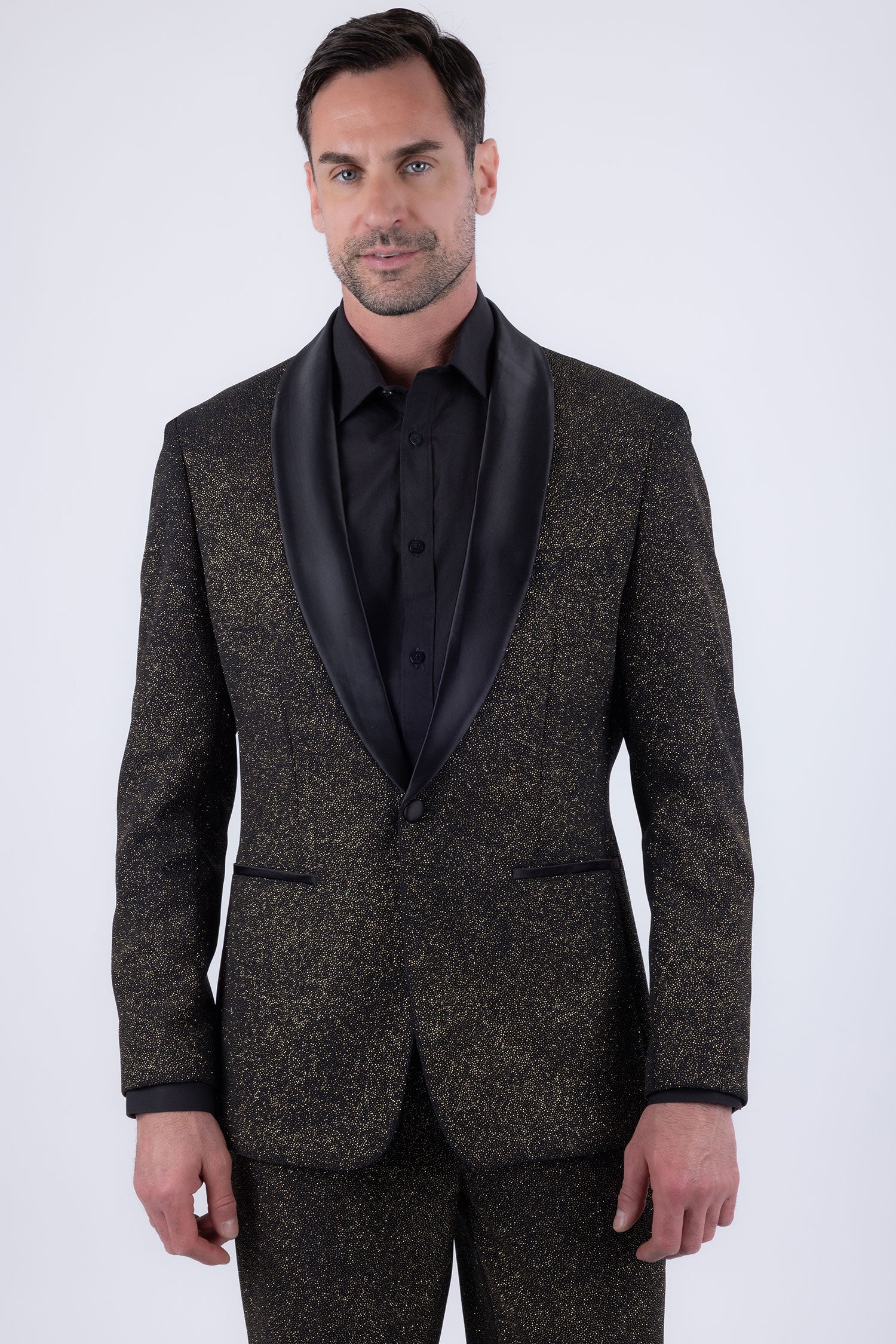 Barabas Men's Glitter Shine Contrasting Shawl Lapel Blazer 6BL07 Black Gold