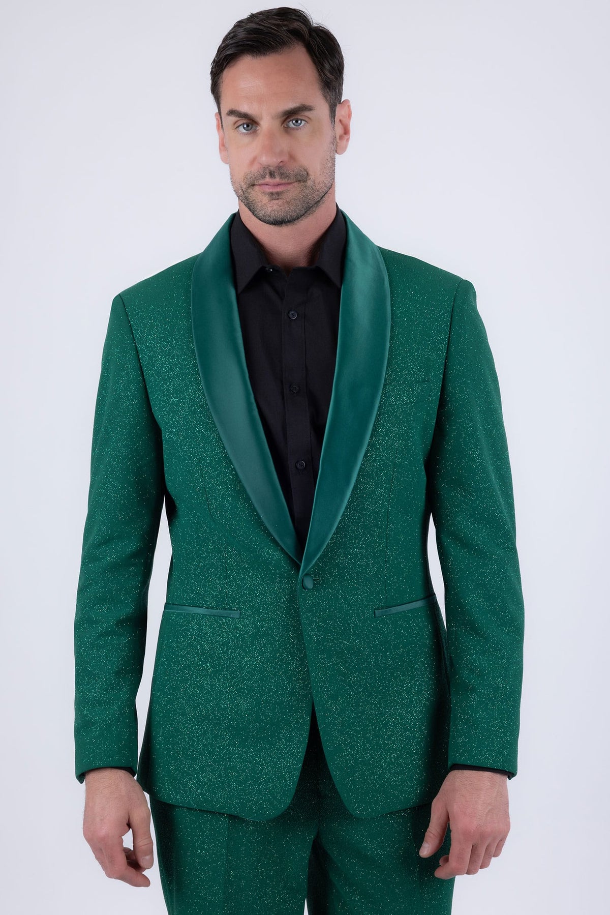 Barabas Men's Glitter Shine Contrasting Shawl Lapel Blazer 6BL07 #Color_Emerald
